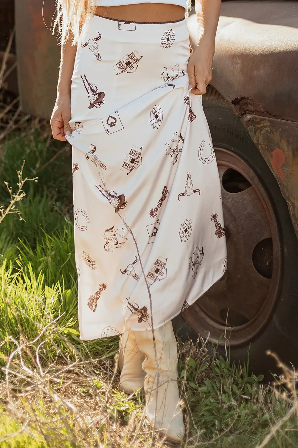 Western Print Satin Long Skirt - cas7m