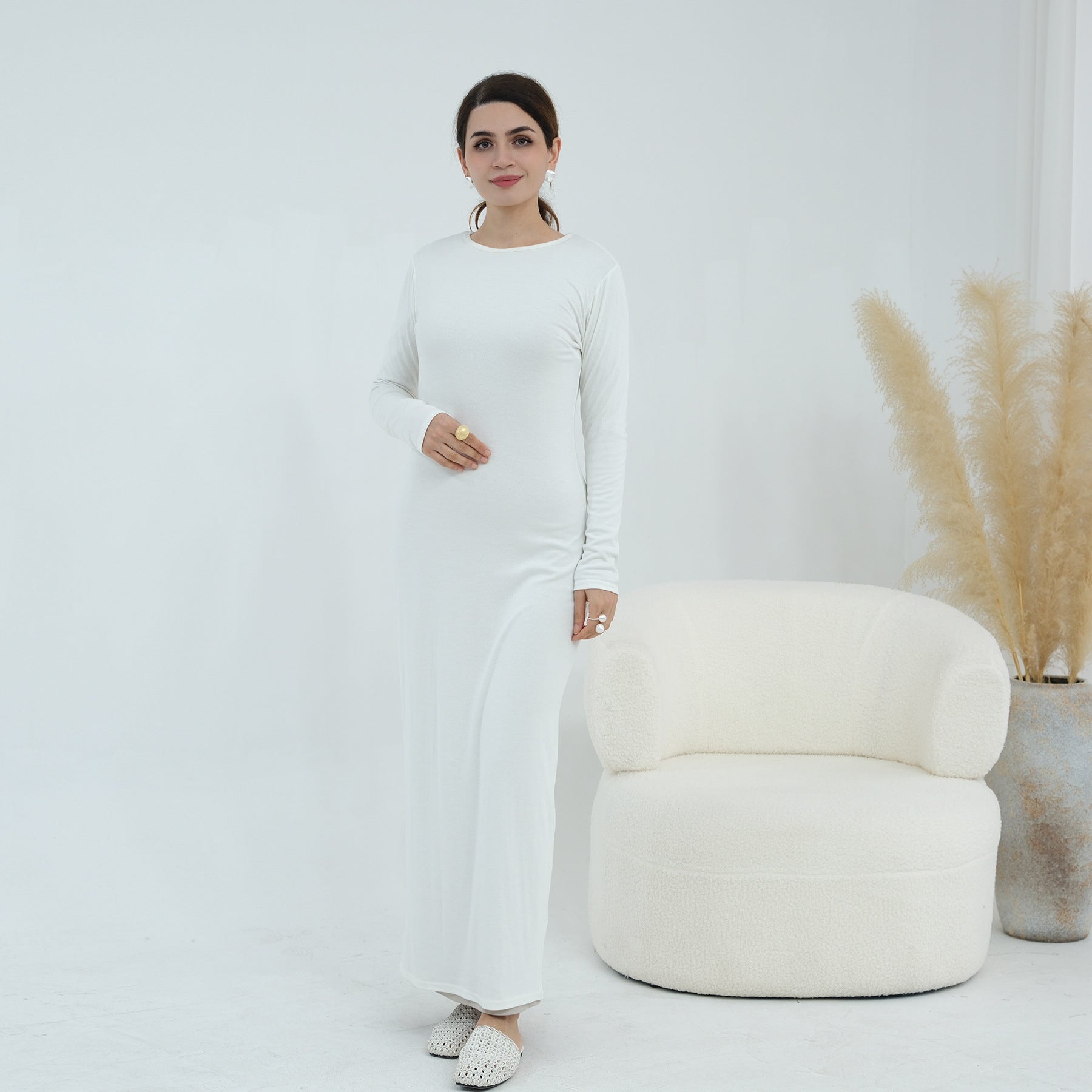 Plus-size Stretchy Long-sleeve Slip Dress - cas7m