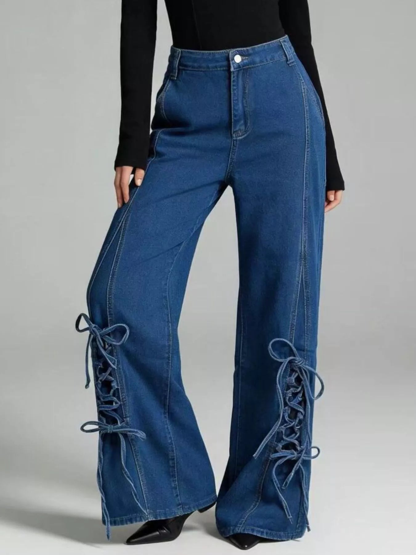 Lace-Up Wide Leg Jeans - cas7m