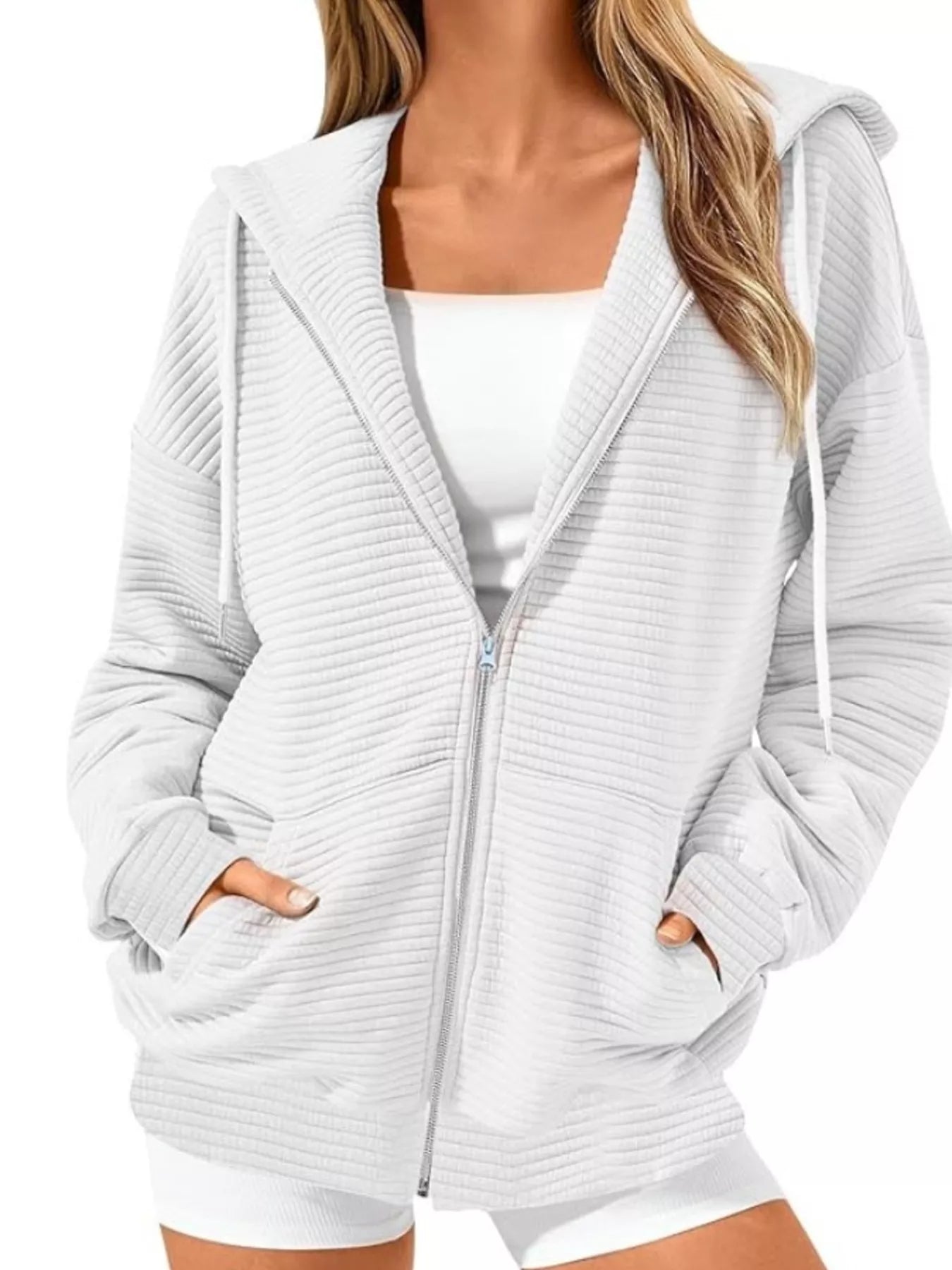 Drawstring Zip Up Dropped Shoulder Hoodie - cas7m