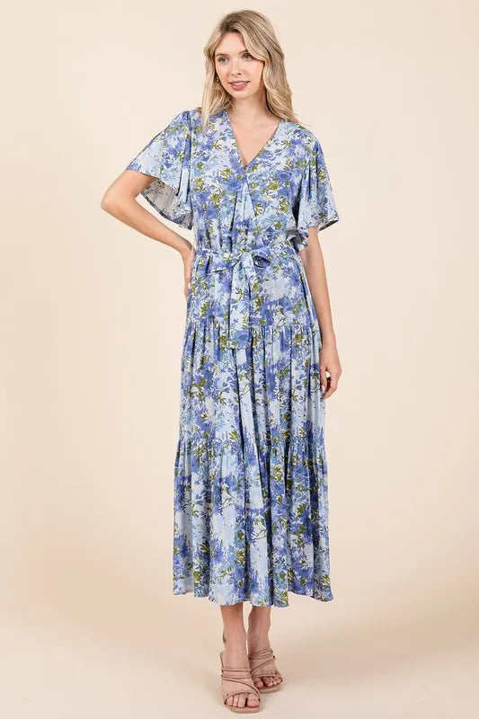 Mittoshop Floral Tie Waist Flutter Sleeve Tiered Dress - cas7m