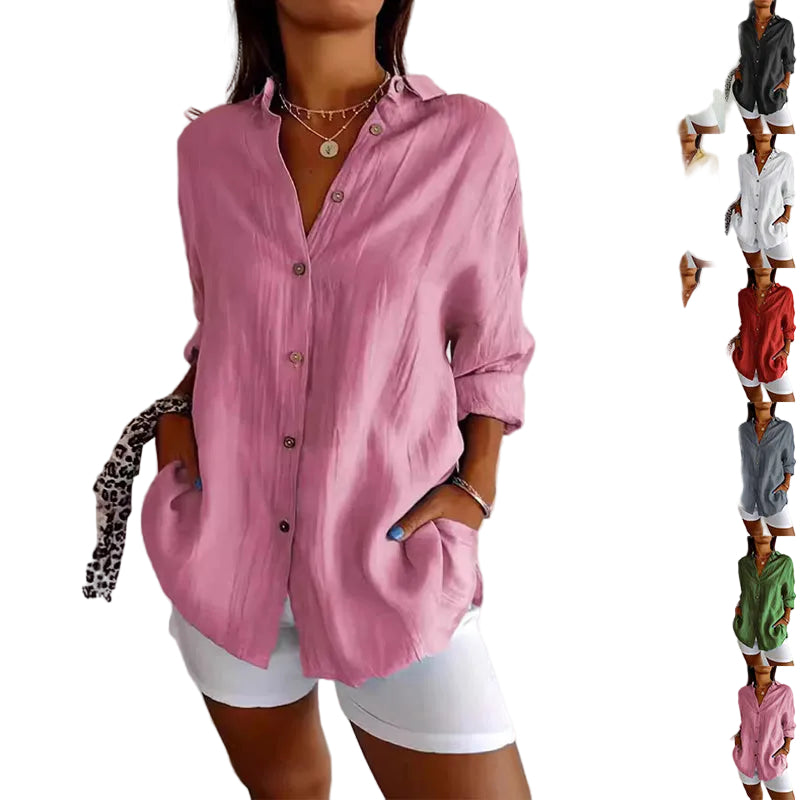 Lapel Long Sleeve Shirt Women's Single-breasted Pleated Shirt Tops Clothing - cas7m