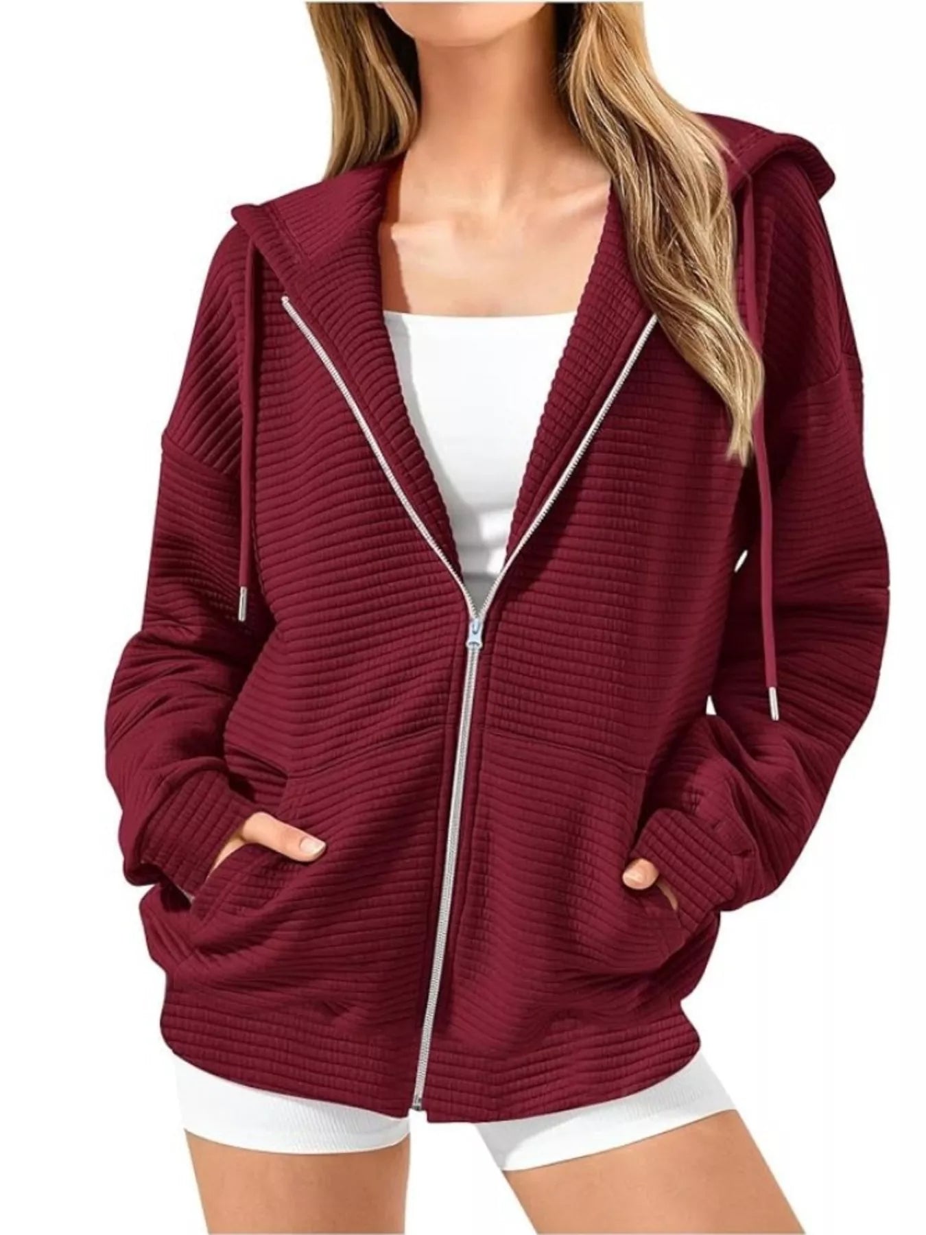 Drawstring Zip Up Dropped Shoulder Hoodie - cas7m