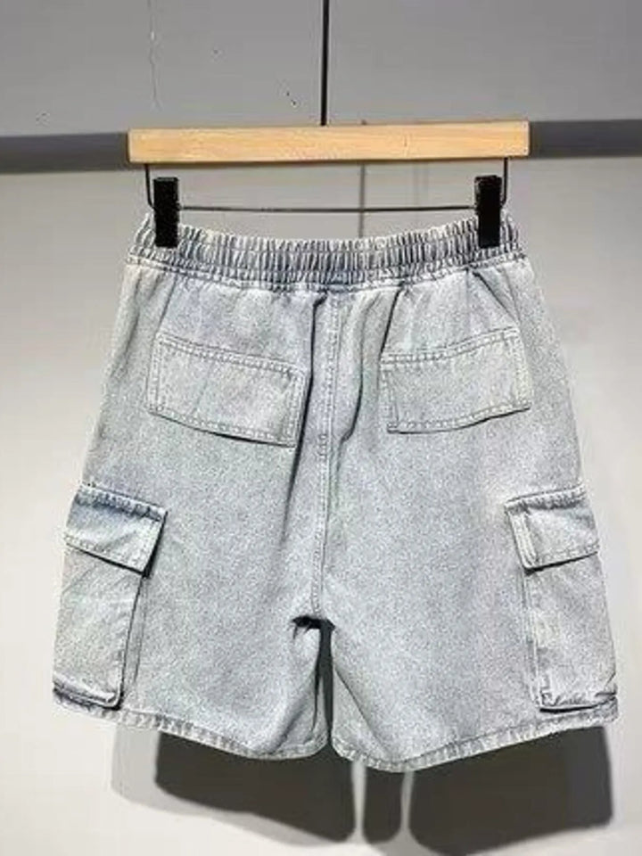 Men's Full Size Elastic Waist Washed Denim Cargo Shorts Plus Size - cas7m