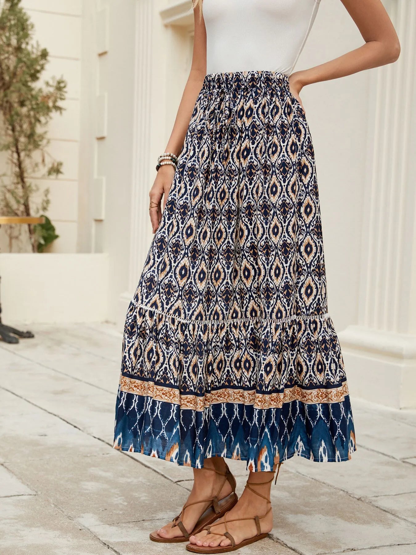 Bohemian Printed Ruched Maxi Skirt - cas7m