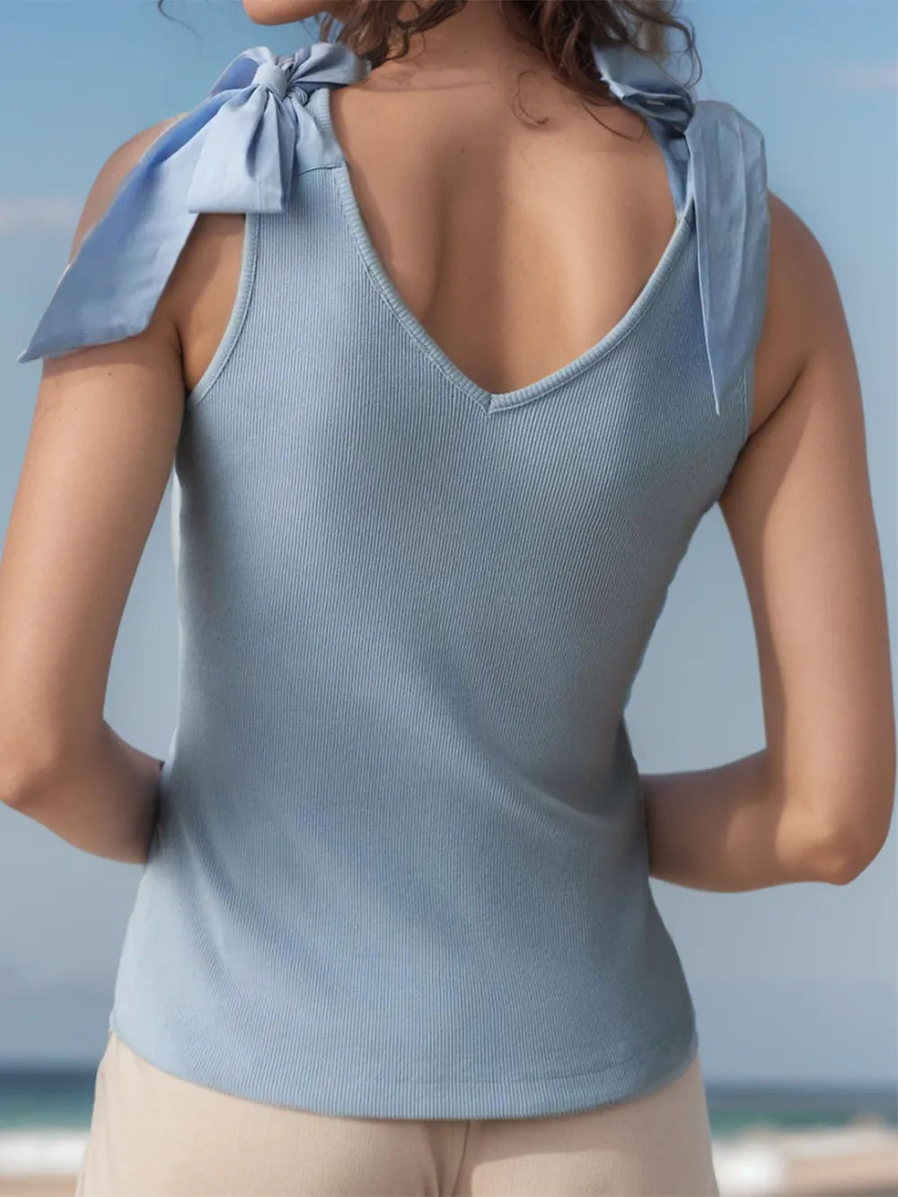 V-Neck Tie Shoulder Tank - cas7m