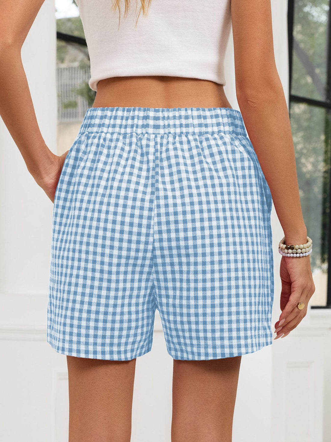 Gingham Elastic Waist Casual Shorts - cas7m