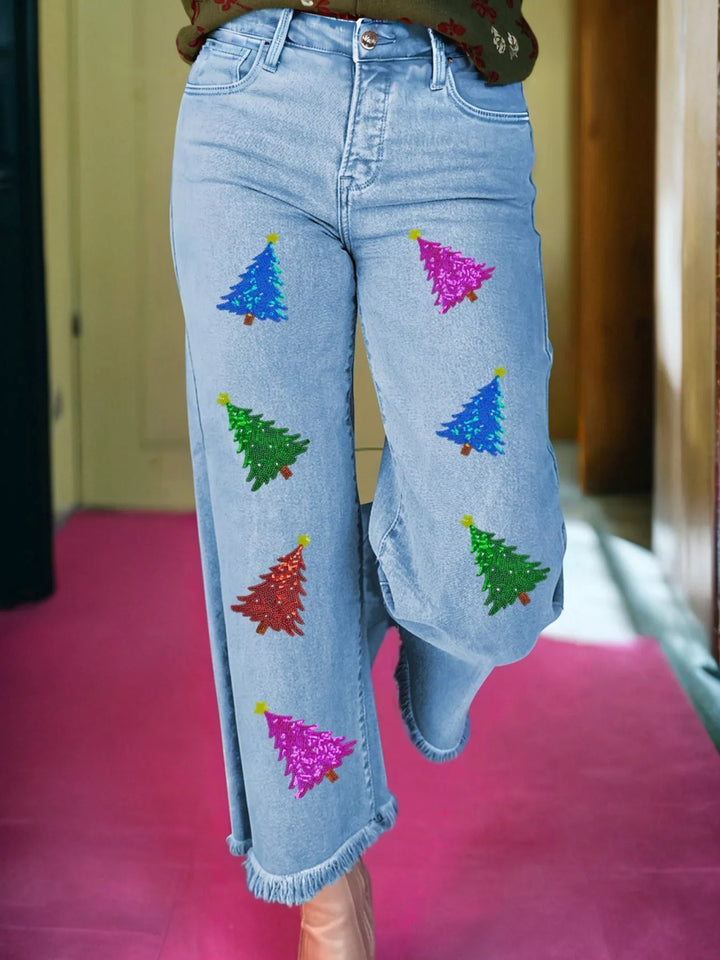 Colorful Sequin Christmas Tree Patched Raw Hem Cropped Wide Leg Jeans - cas7m