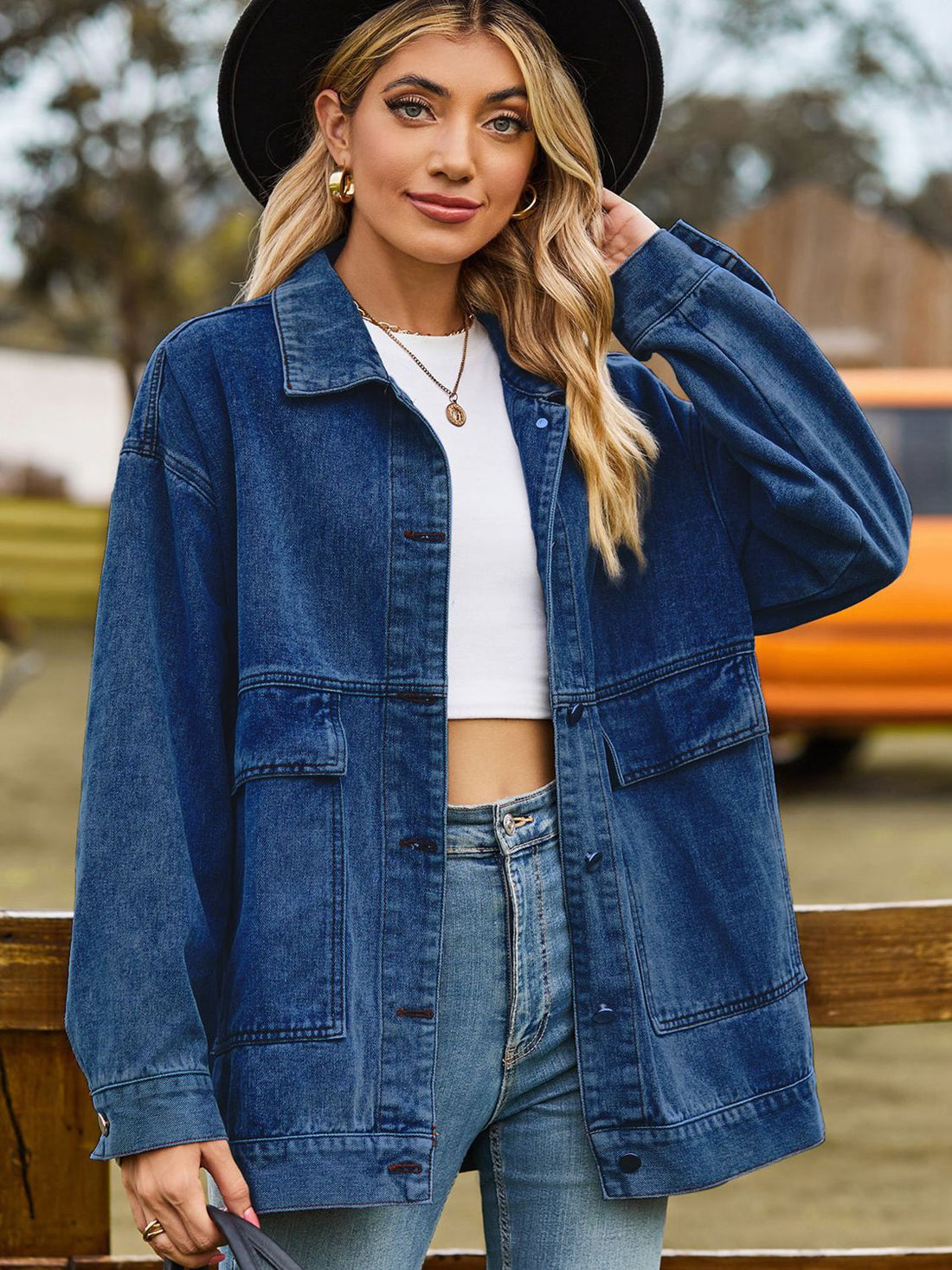 Dropped Shoulder Denim Jacket with Pockets - cas7m