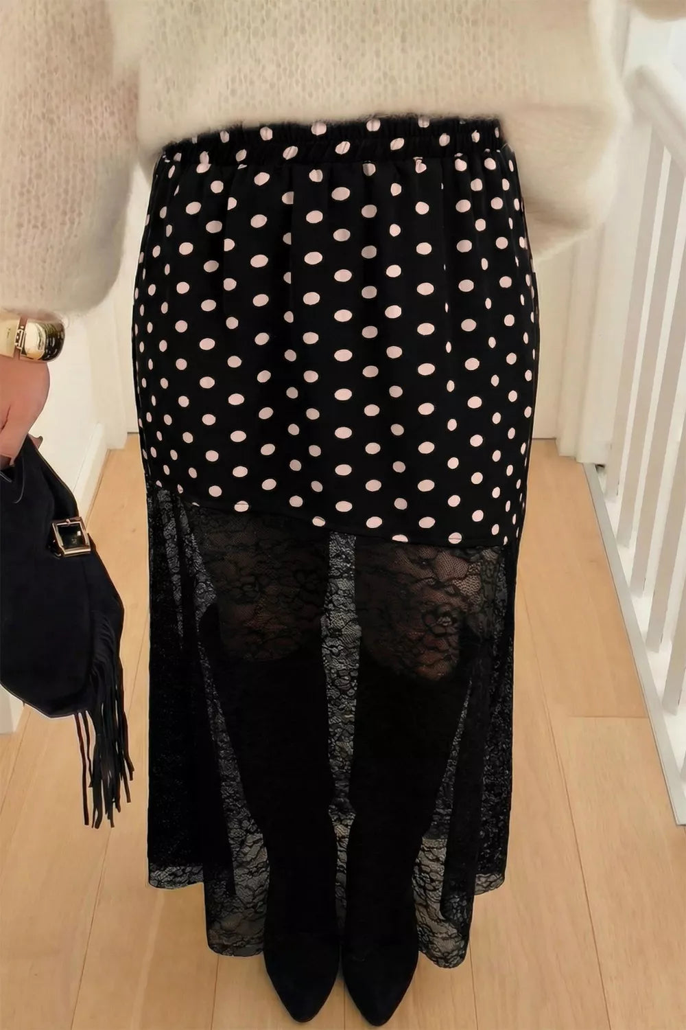 Polka Dot Patchwork Lace Maxi Skirt - cas7m