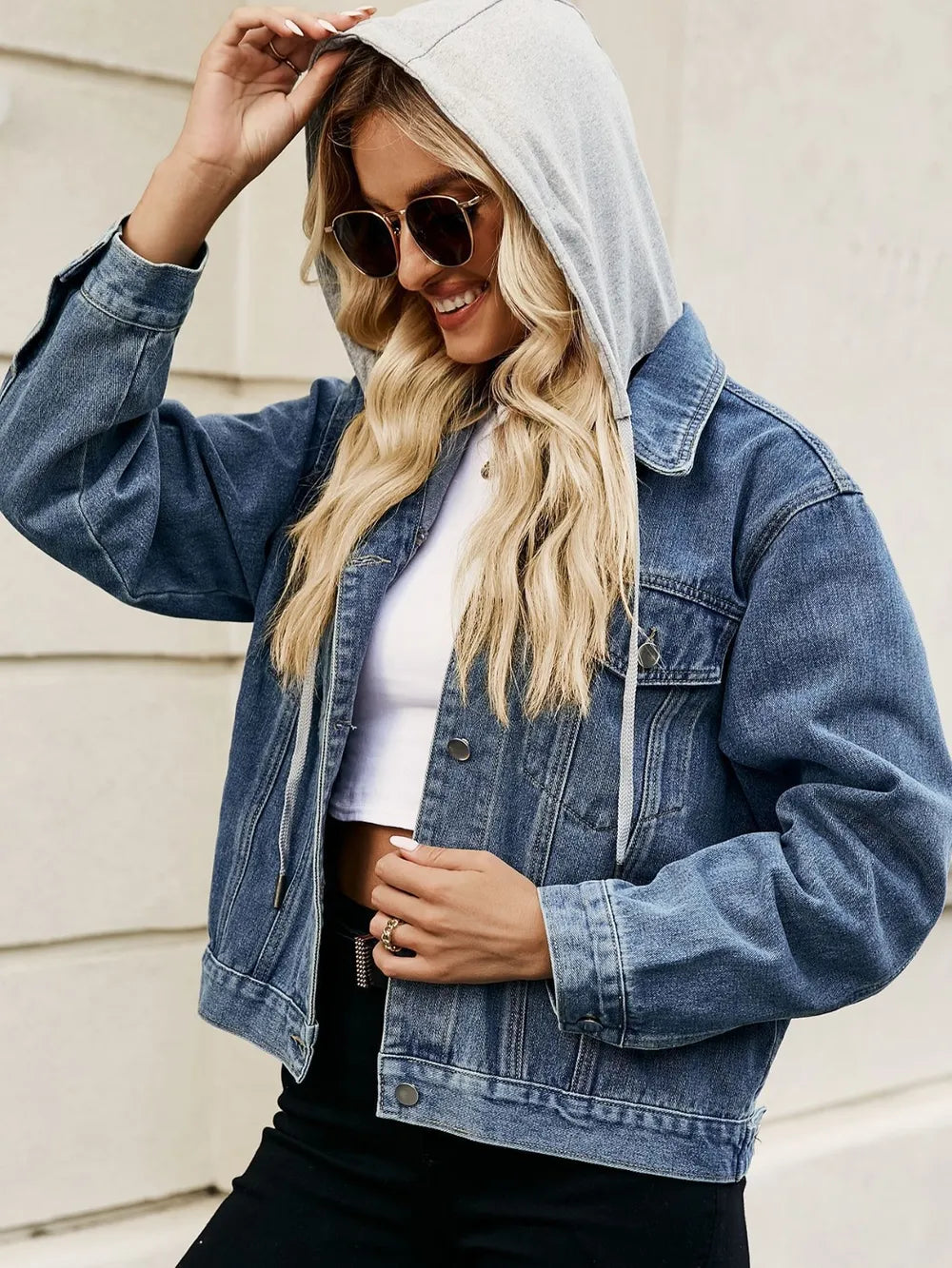 Drawstring Hooded Button Up Denim Jacket - cas7m