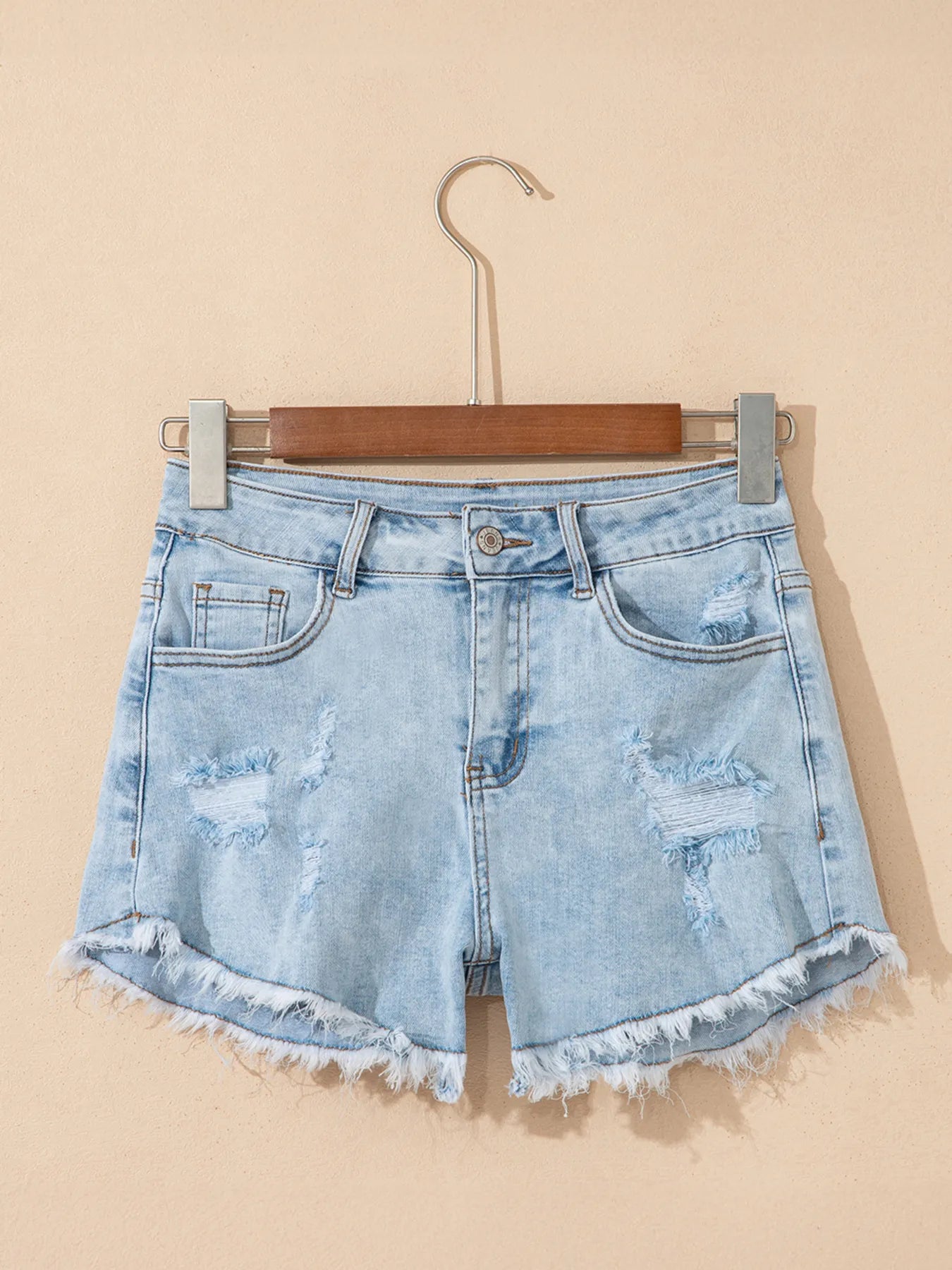 High Rise Distressed Raw Hem Denim Shorts - cas7m