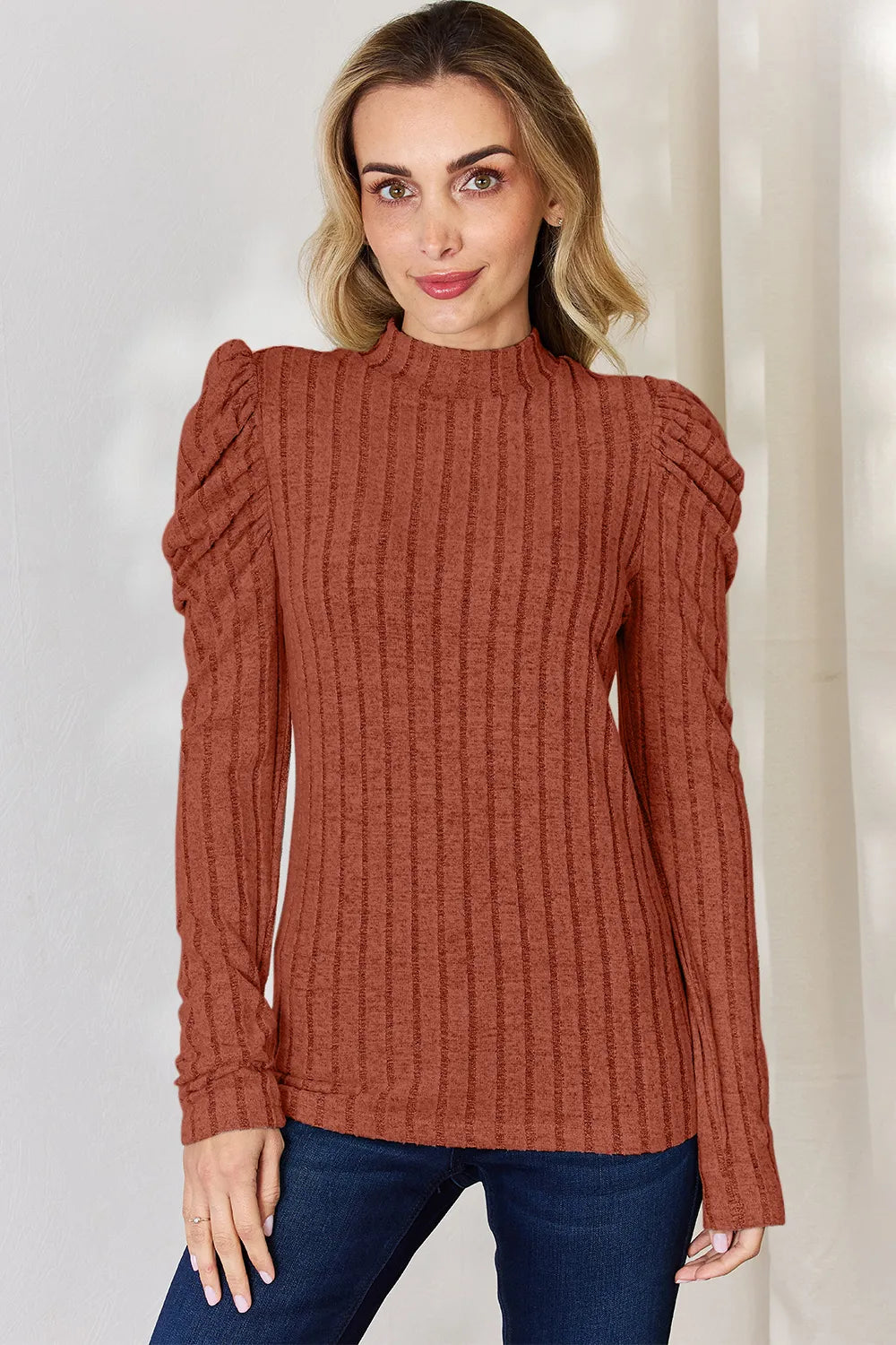 Basic Bae Full Size Ribbed Mock Neck Puff Sleeve T-Shirt - cas7m