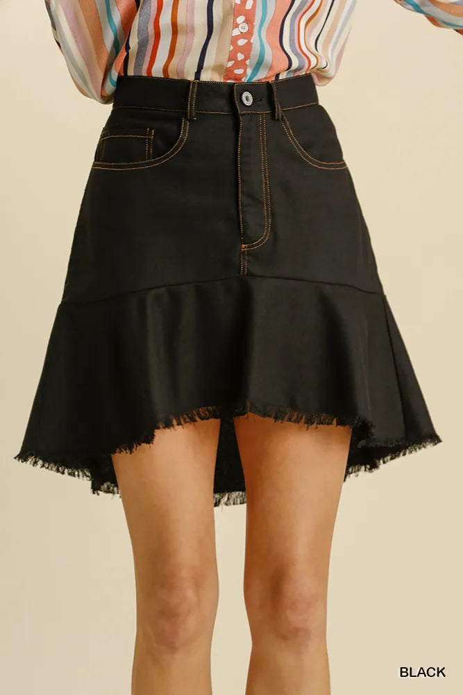 Umgee Linen Blend 5 Pockets High Low Skirt with Frayed Hem - cas7m