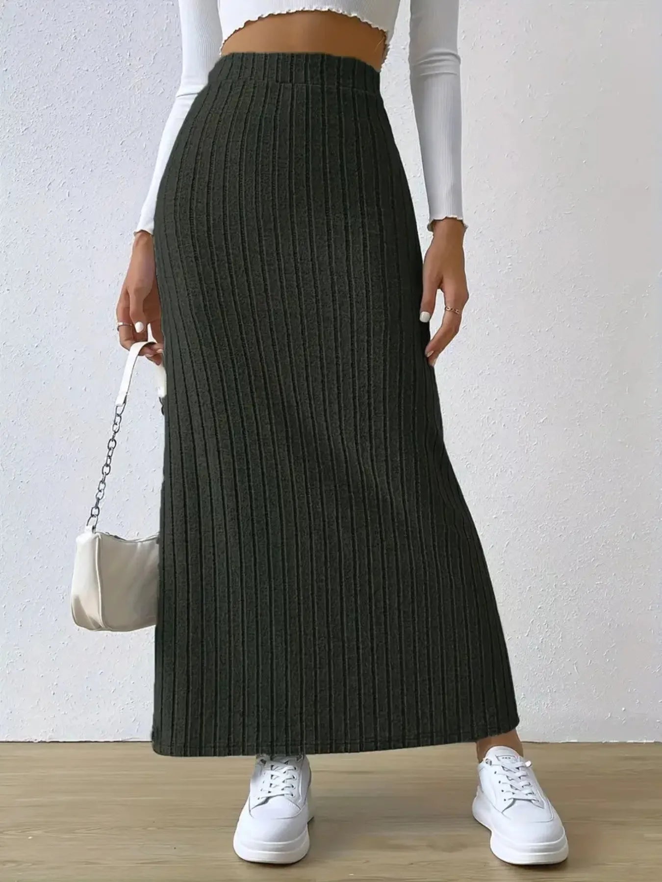 High Waist Ribbed Knit Maxi Skirt - cas7m