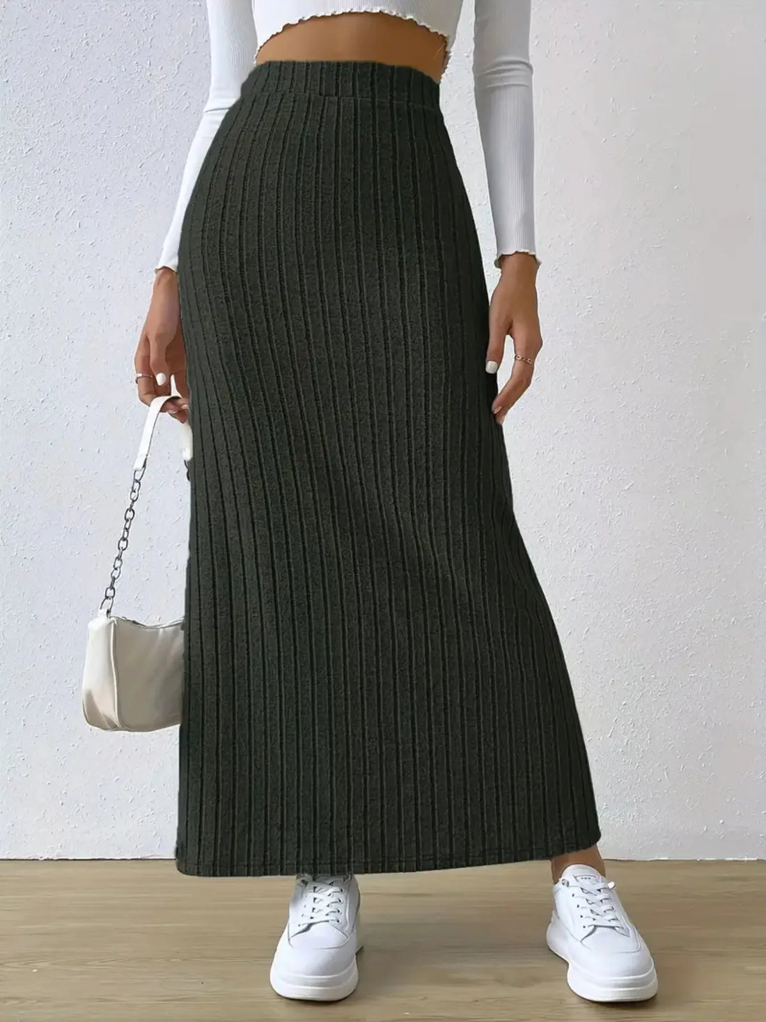 High Waist Ribbed Knit Maxi Skirt - cas7m