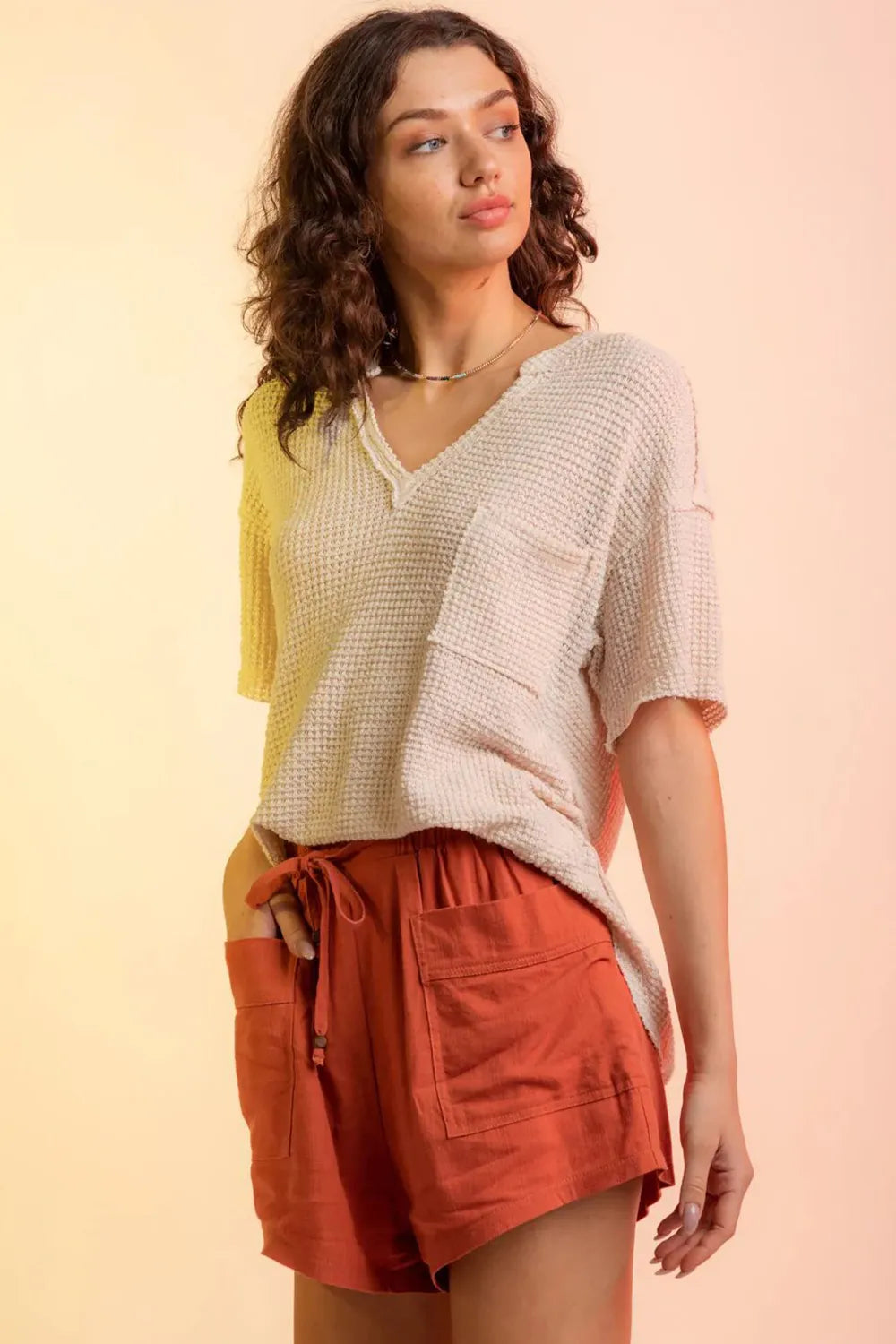 Waffle-Knit Notched Half Sleeve T-Shirt - cas7m