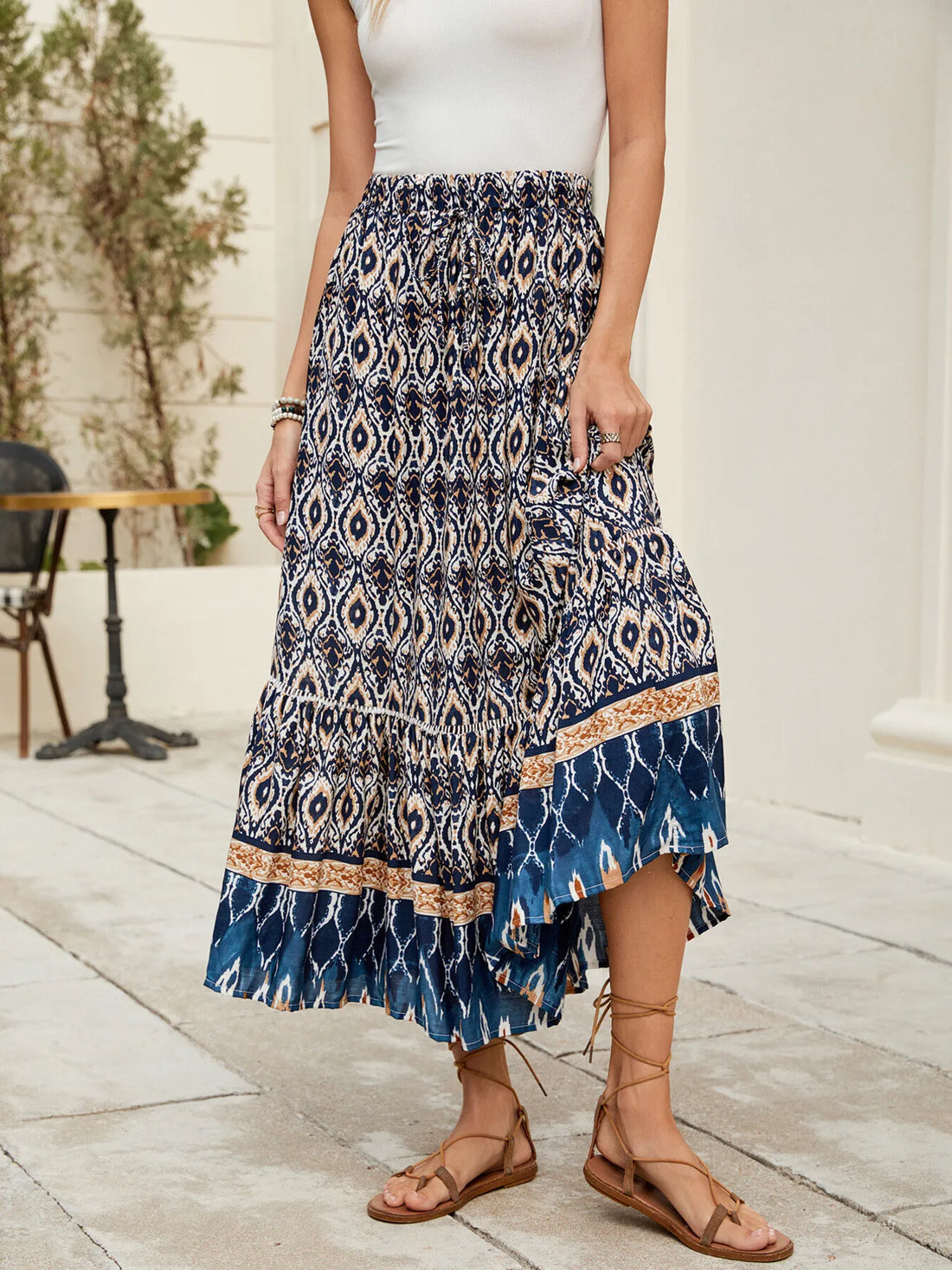 Bohemian Printed Ruched Maxi Skirt - cas7m