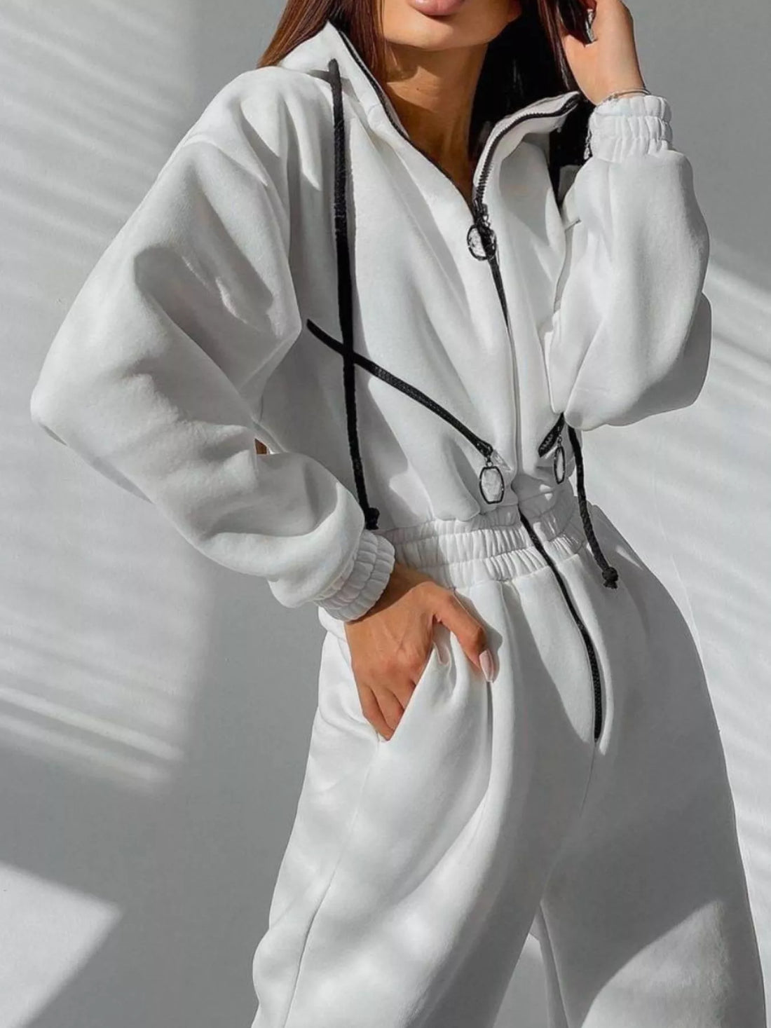 Hooded Zip-Up Long Sleeve Jumpsuit - cas7m