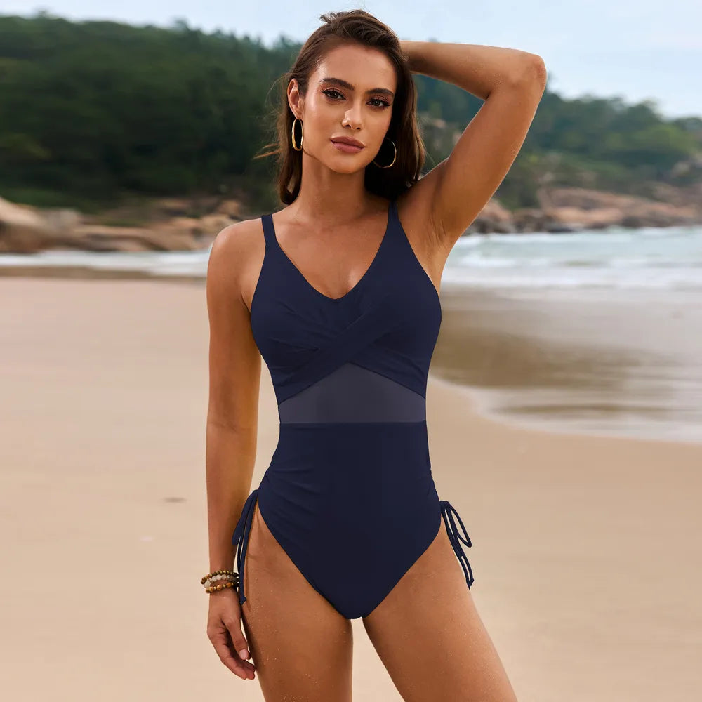 Drawstring Ruched V-Neck One-Piece Swimwear - cas7m