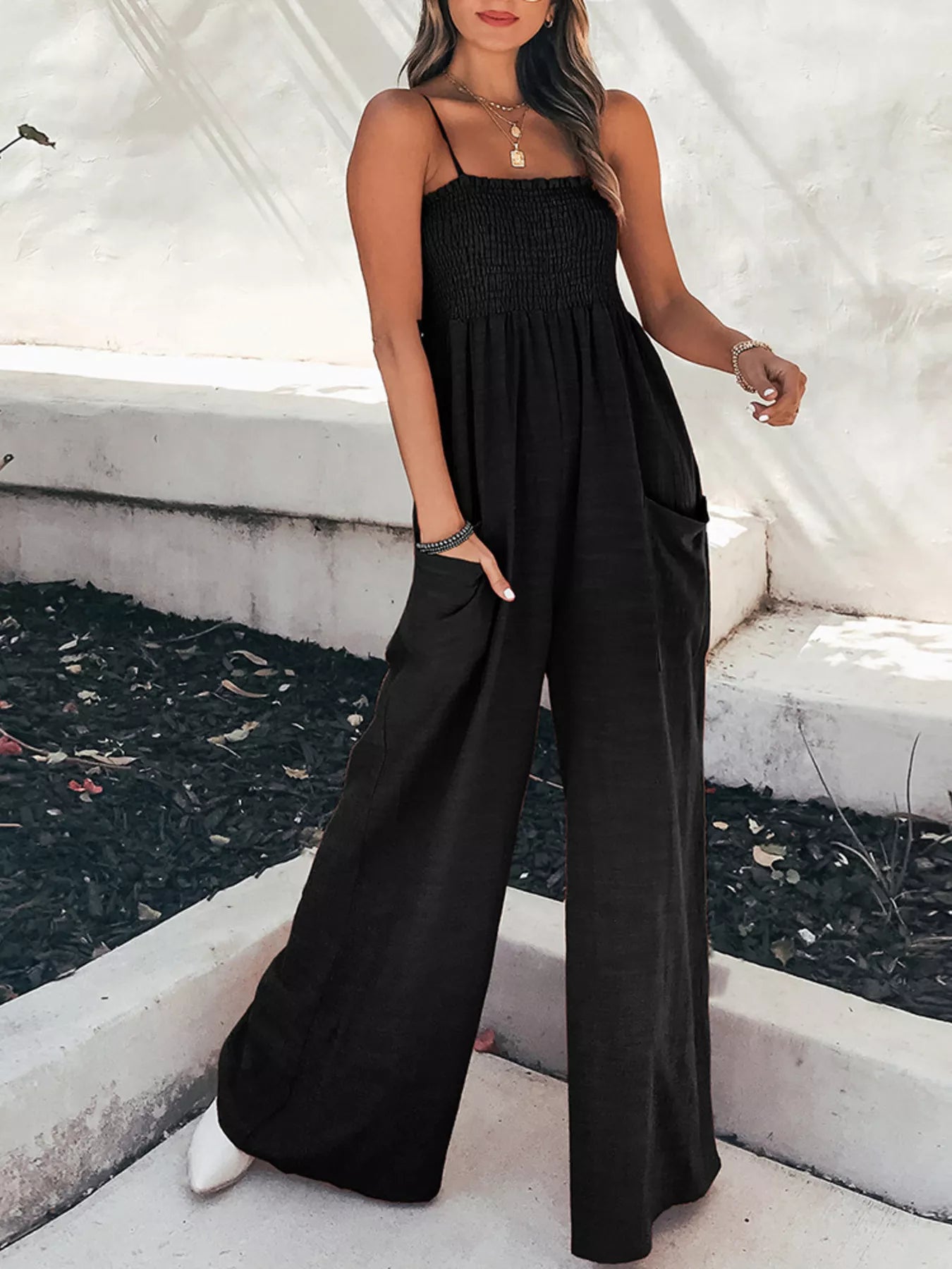 Smocked Wide Leg Jumpsuit - cas7m