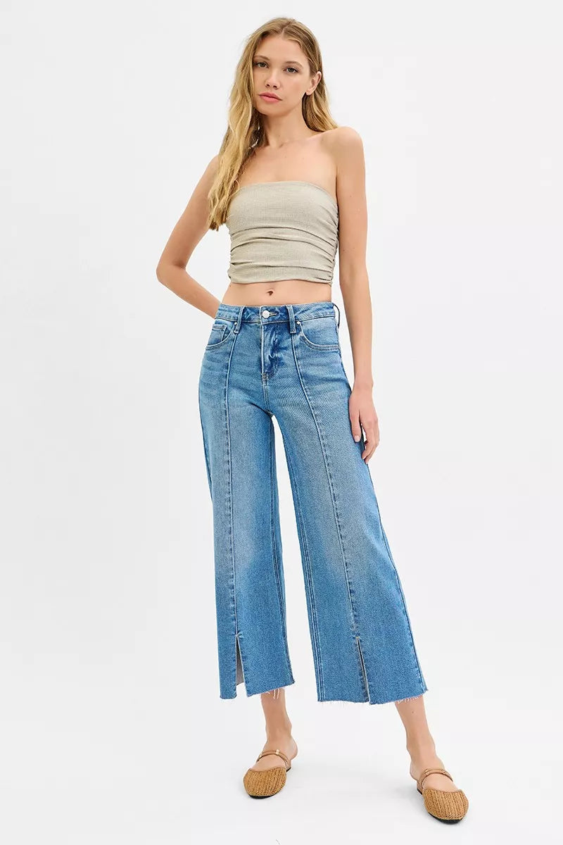 RISEN Tummy Control Mid Rise Crop Wide Front Slit Jeans - cas7m