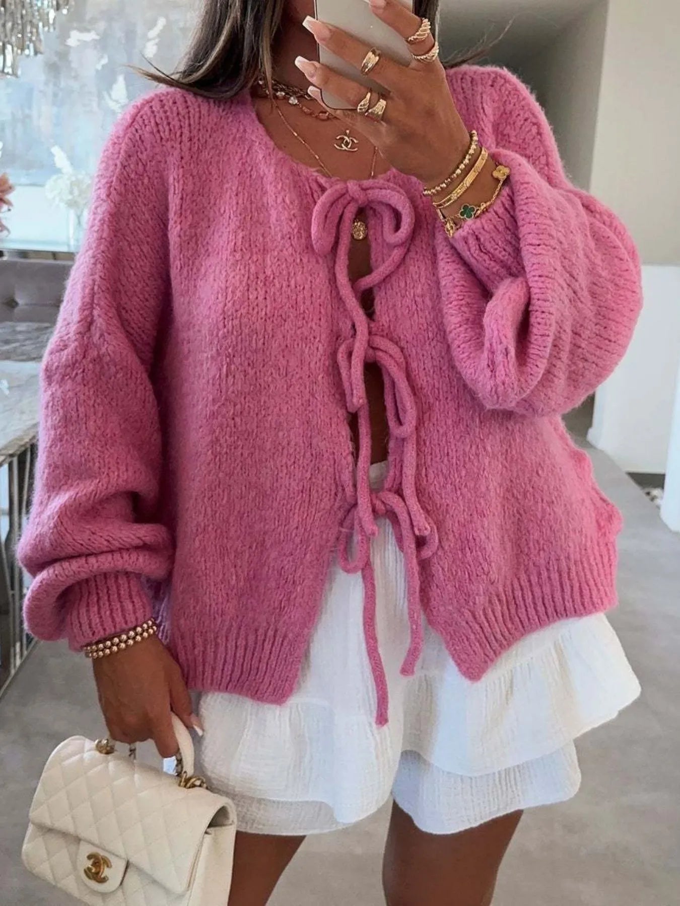 Cozy Bow-Tie Front Knit Cardigan - cas7m
