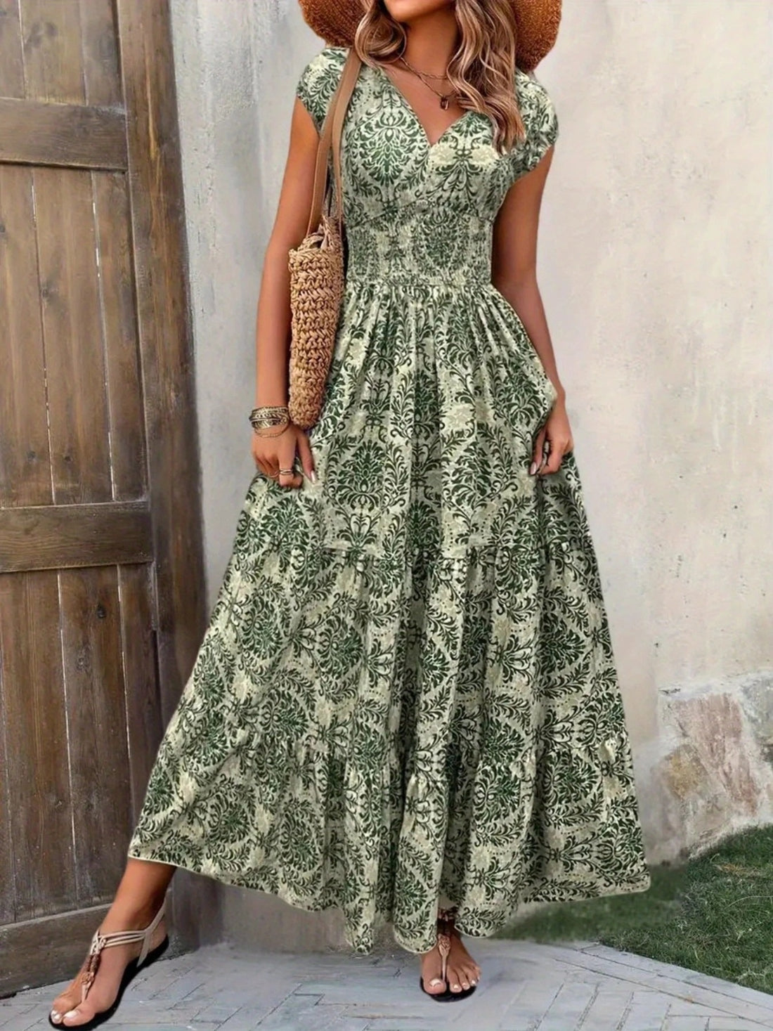 Printed Cap Sleeve Maxi Dress - cas7m