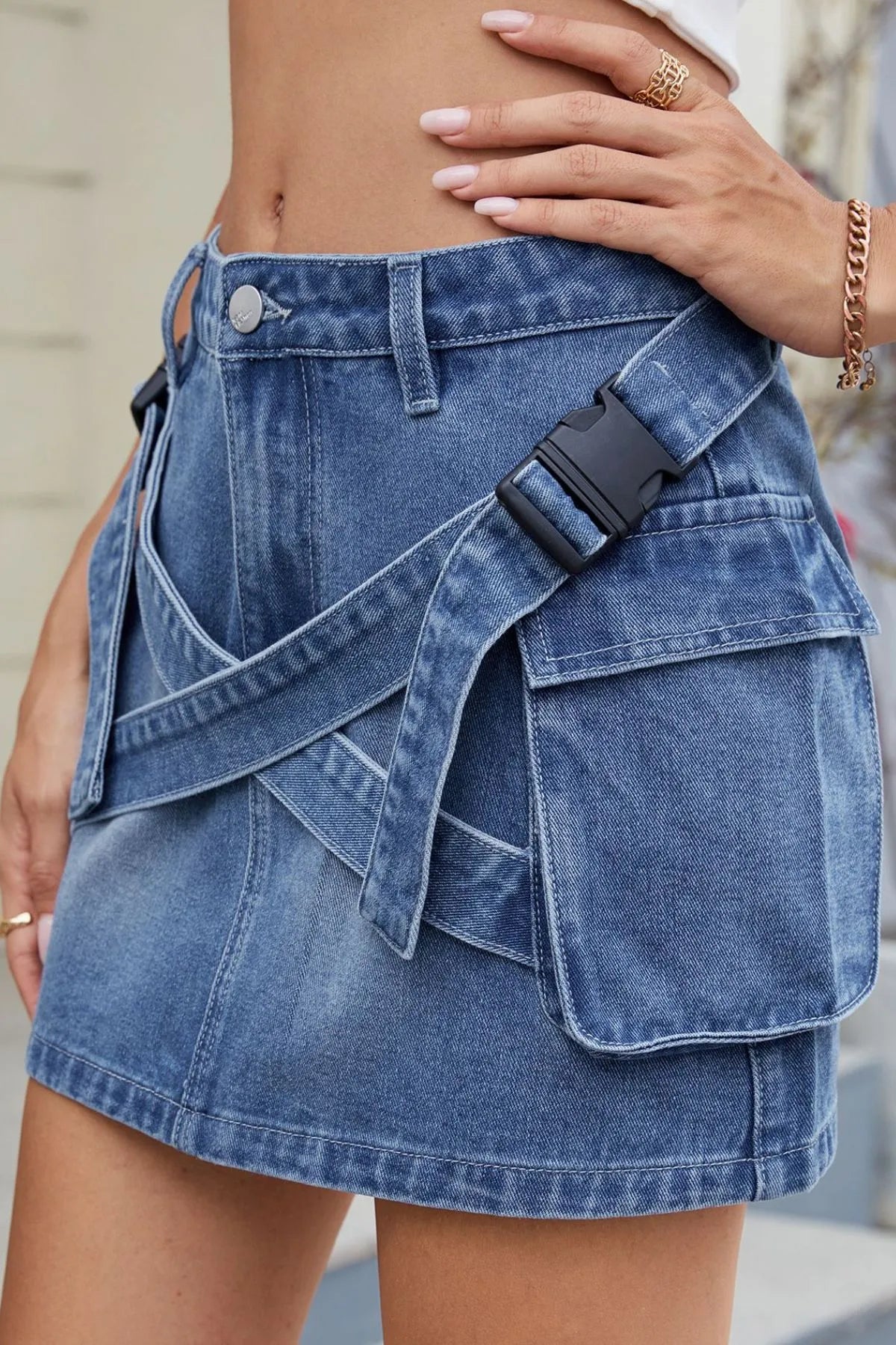 Criss-Cross Waist Detail Denim Mini Skirt - cas7m