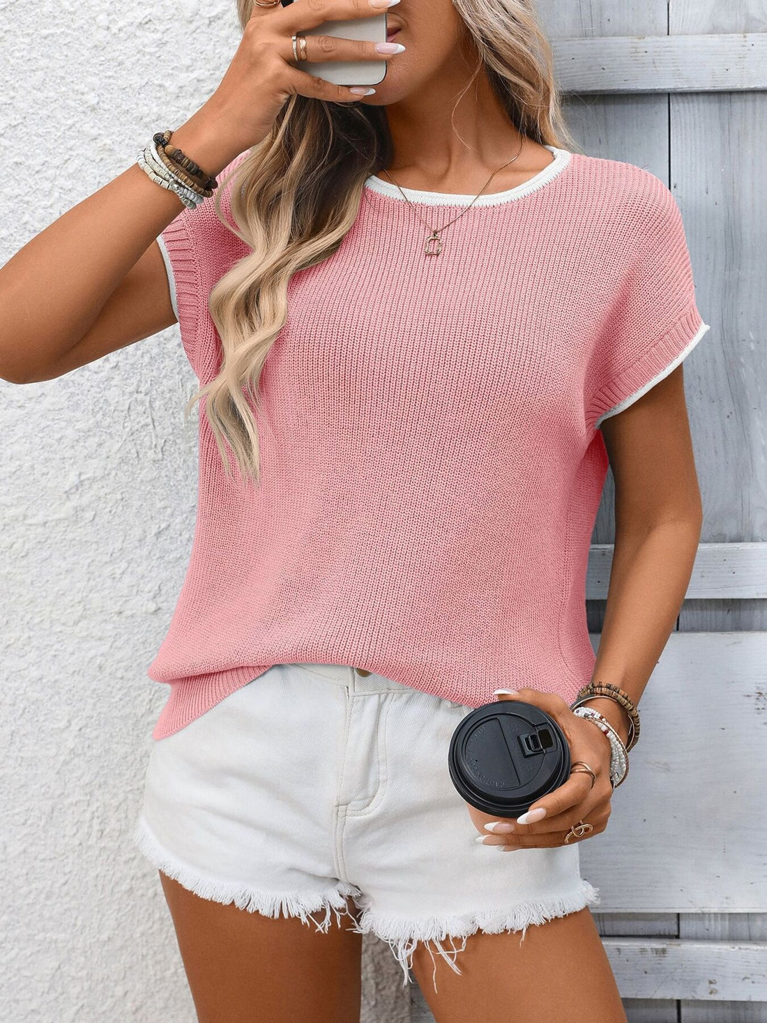 Contrast Trim Short Sleeve Sweater - cas7m