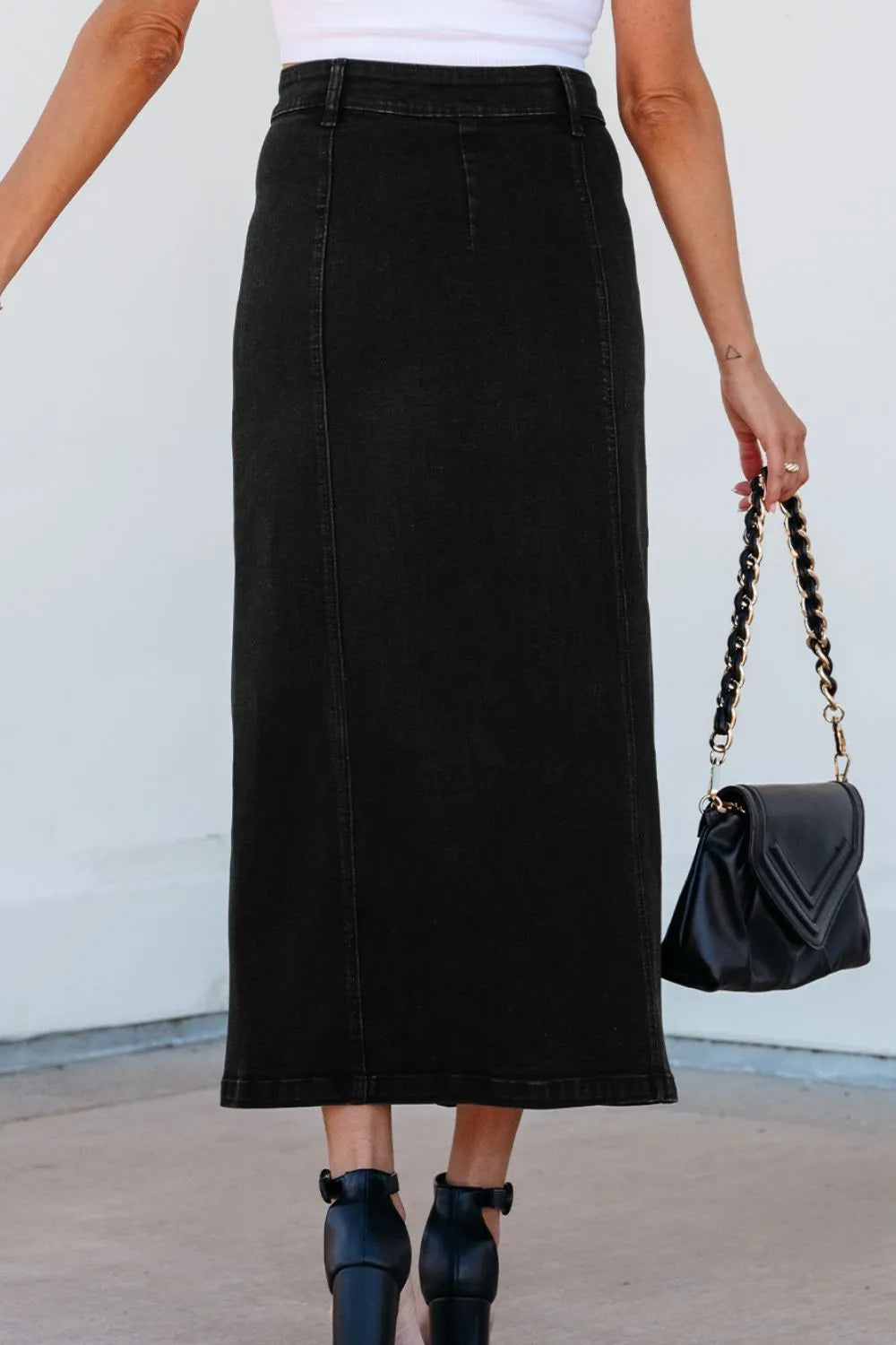 Button Fly Side Split Denim Midi Skirt - cas7m