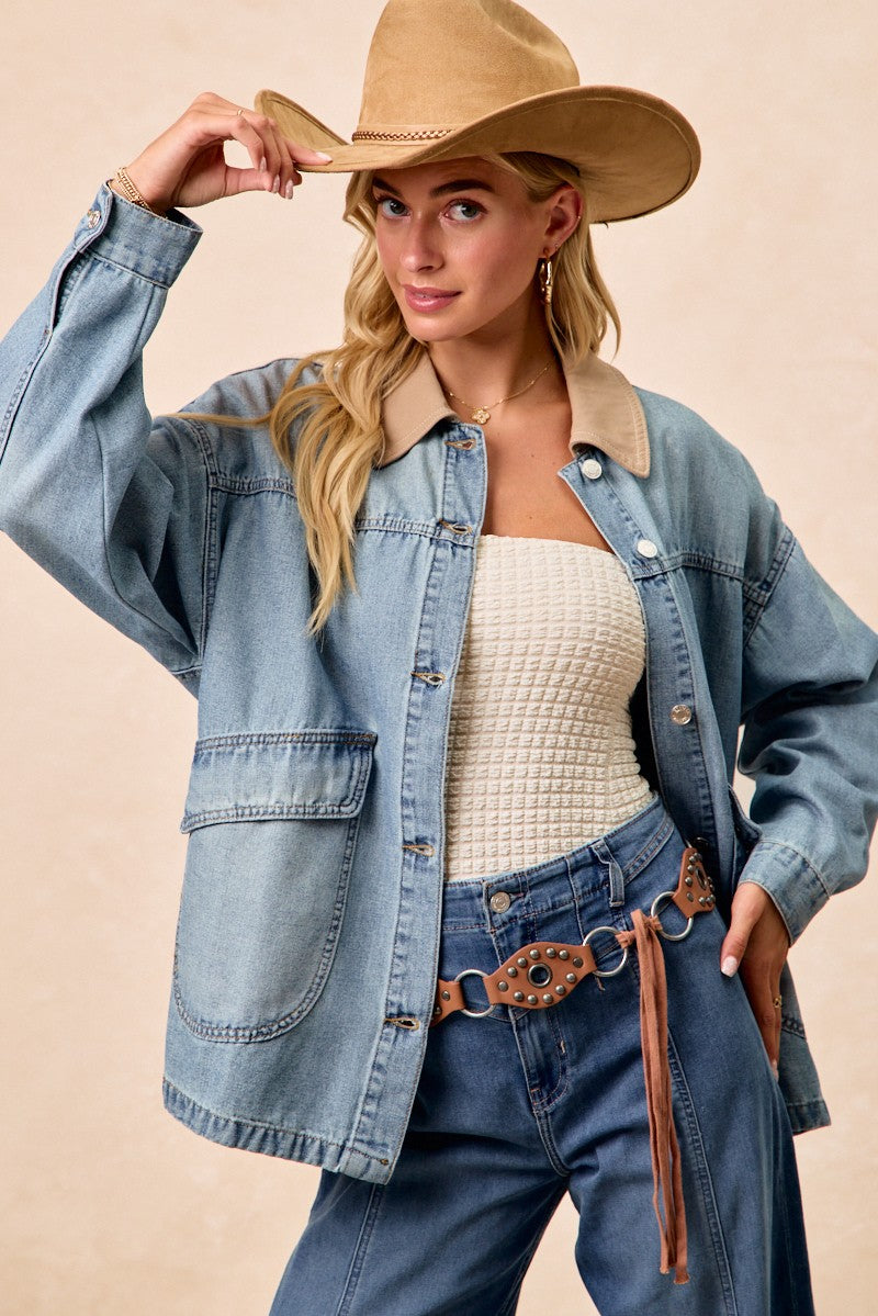 BiBi Washed Denim Jacket with Contrast Collar Detail - cas7m