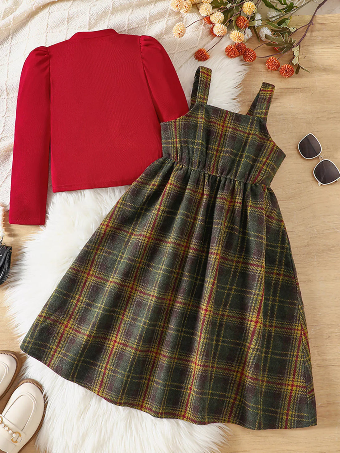 Children's Long Sleeve Top and Plaid Dress Set - cas7m