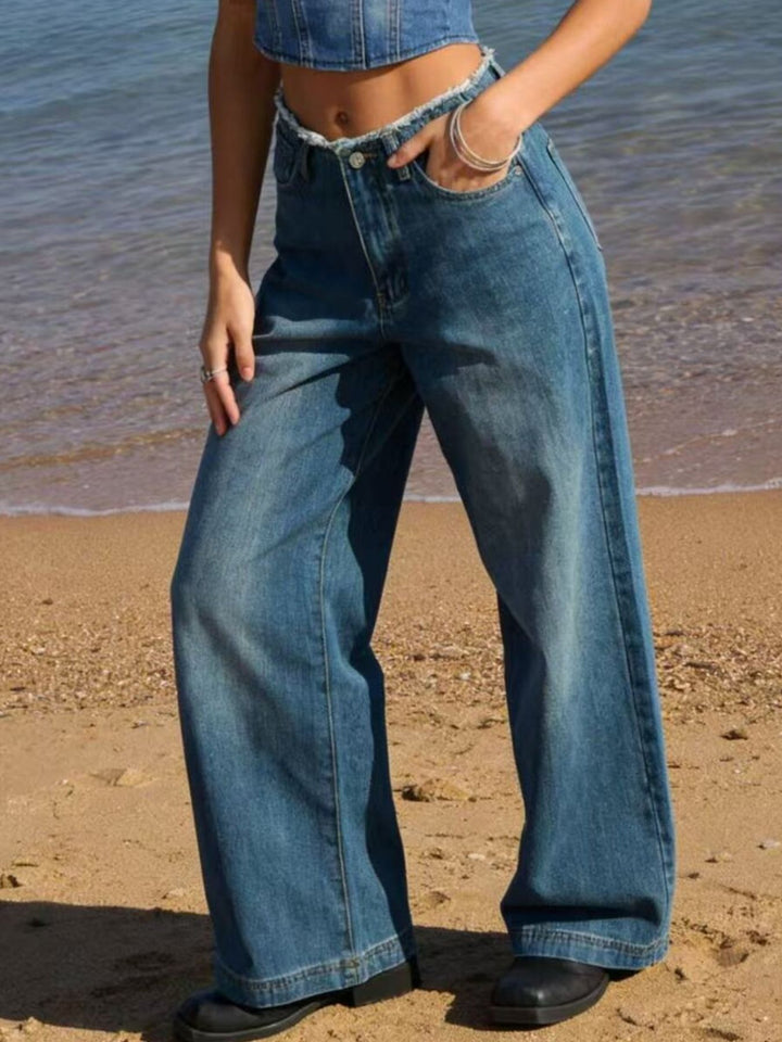 Frayed Hem Wide Leg Jeans - cas7m