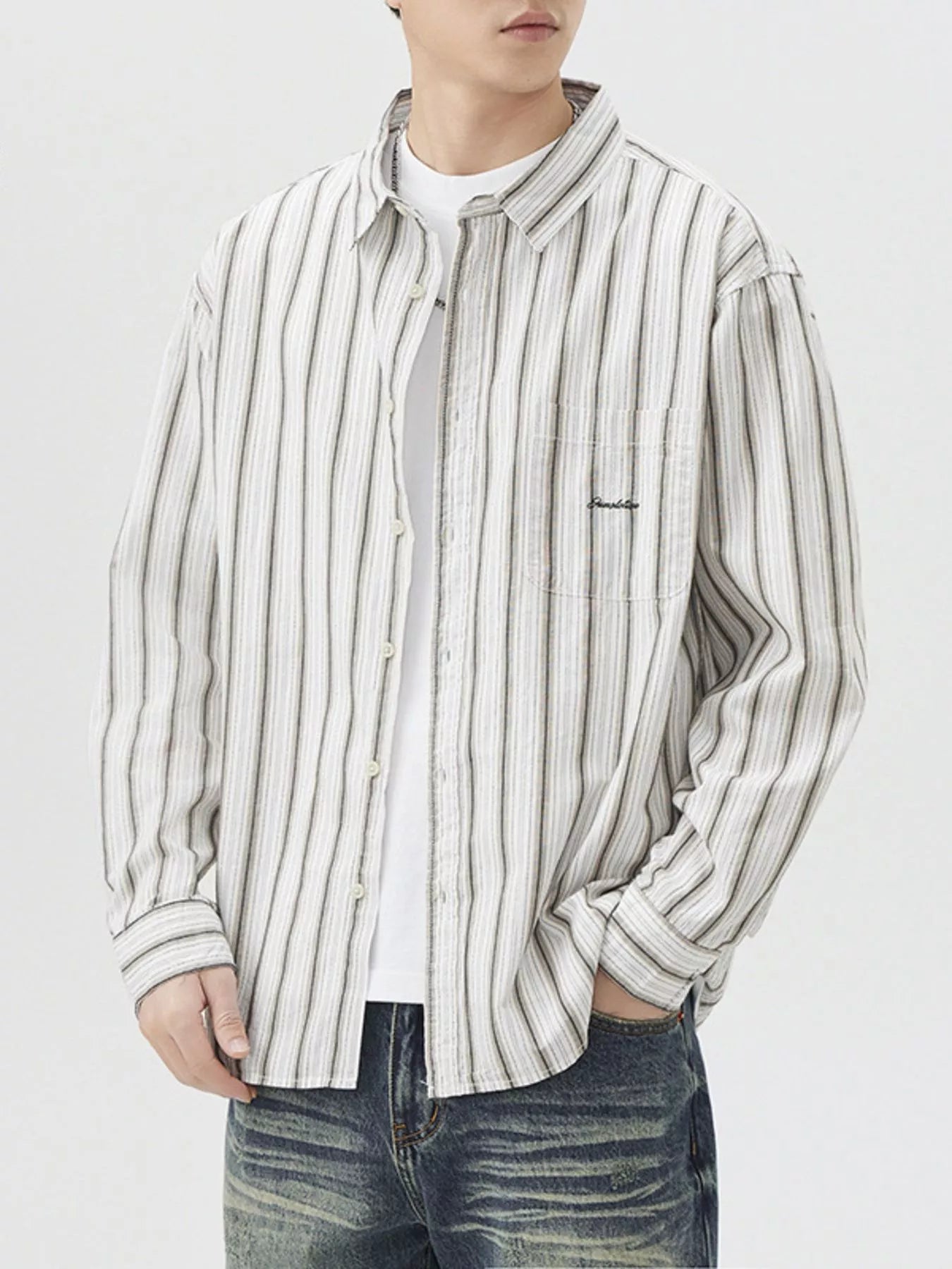Men's Striped Button Up Long Sleeve Shirt - cas7m