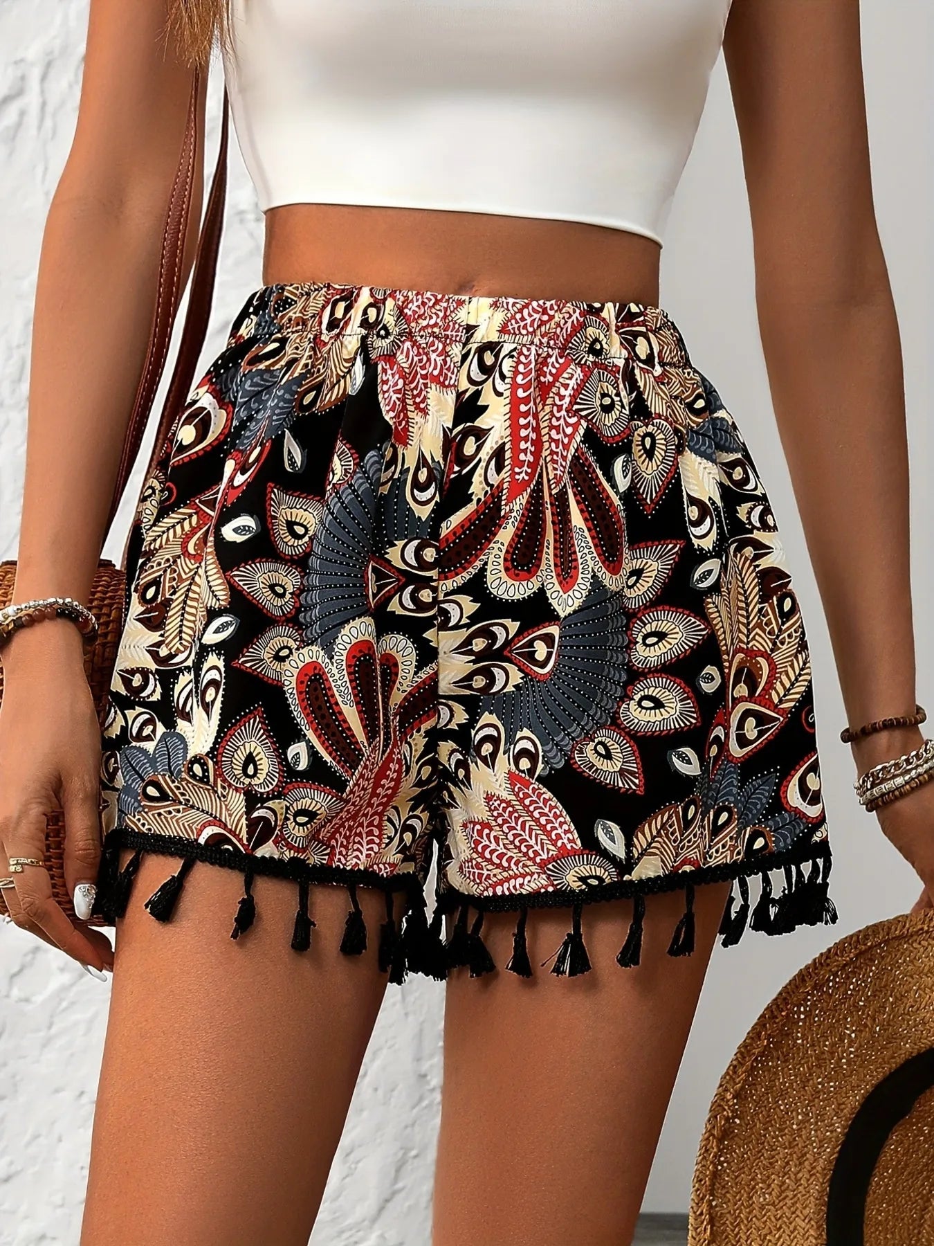 Paisley Print Tassel Hem Shorts - cas7m