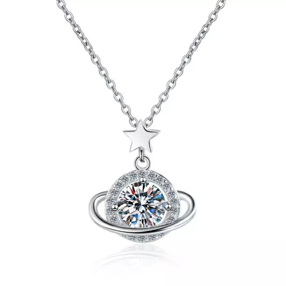 1 Carat 925 Sterling Silver Moissanite Planet Pendant Necklace - cas7m