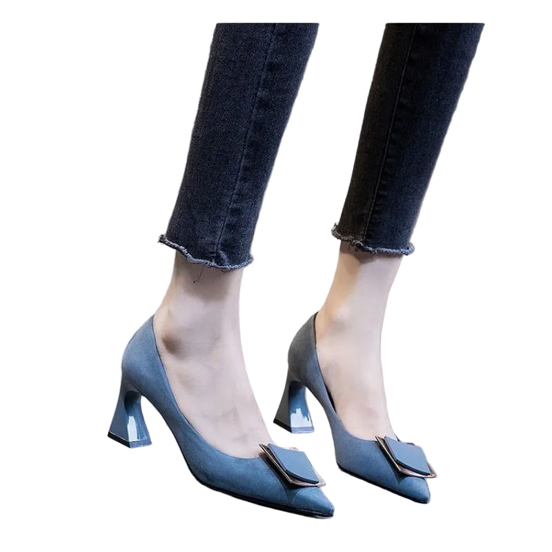 Nude Thick Mid-Heel Pointed Women's High Heels