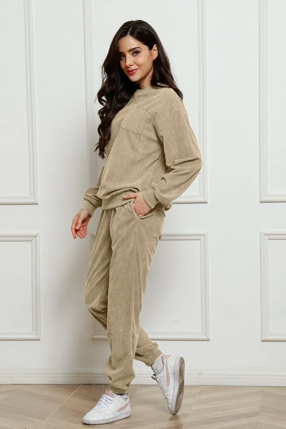 Corduroy Round Neck Sweatshirt and Sweatpants Set - cas7m
