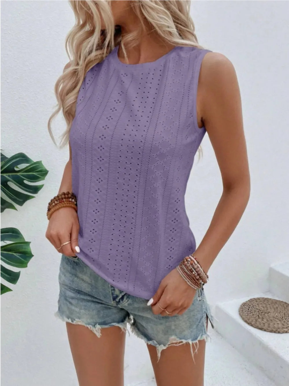 Eyelet Round Neck Tank - cas7m