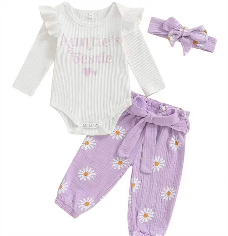 Ruffled Long-sleeve Bodysuit Paired With Matching Pants And A Bow Hair Accessory - cas7m