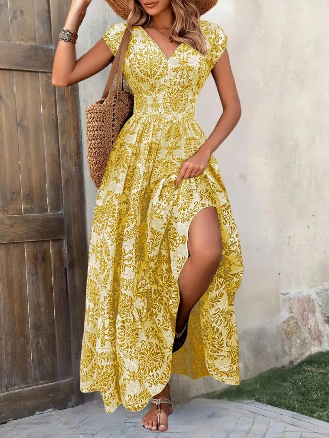 Printed Cap Sleeve Maxi Dress - cas7m