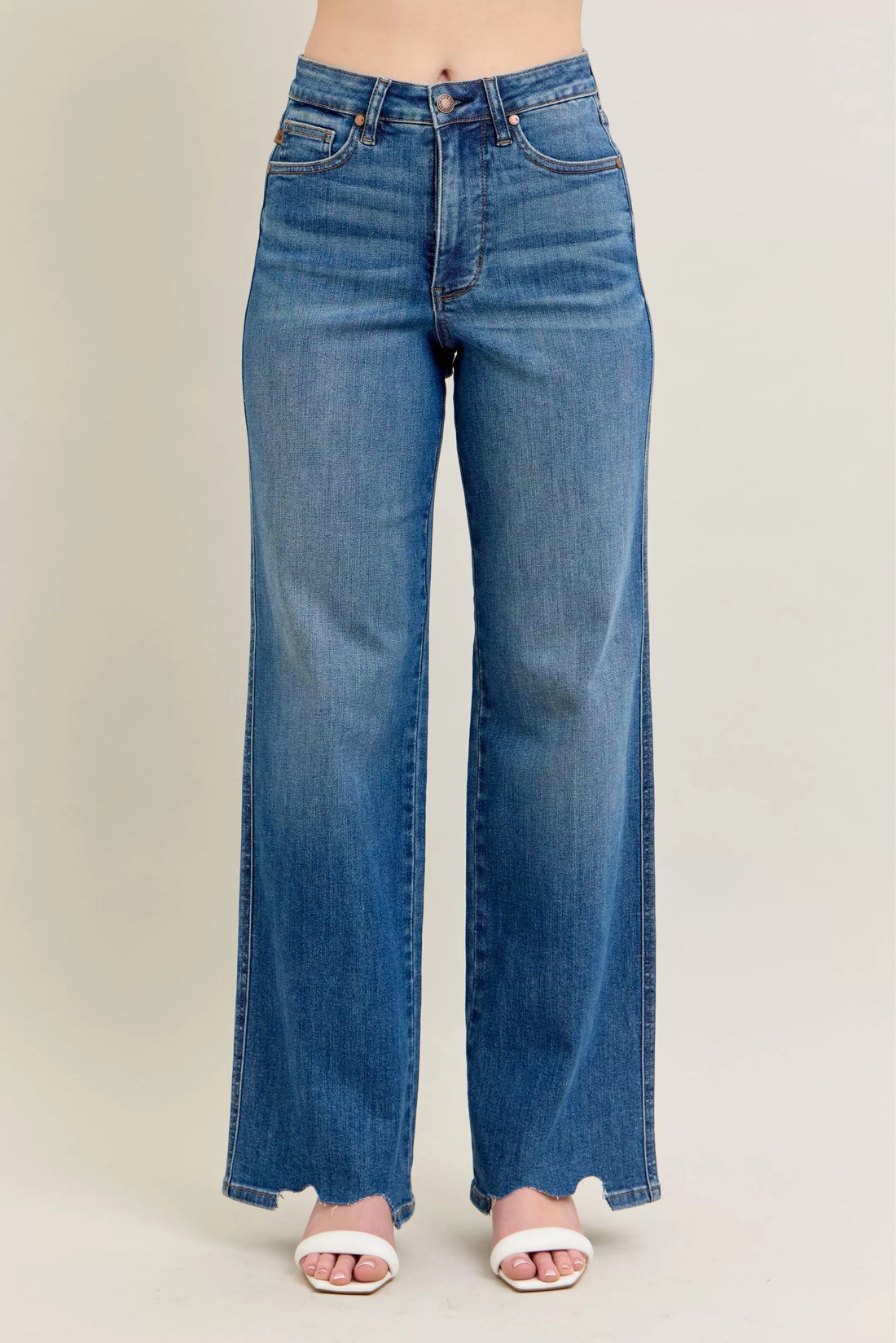 Judy Blue Full Size High Waist Tummy Control Chew Hem Destroy Wide Jeans Plus Size - cas7m