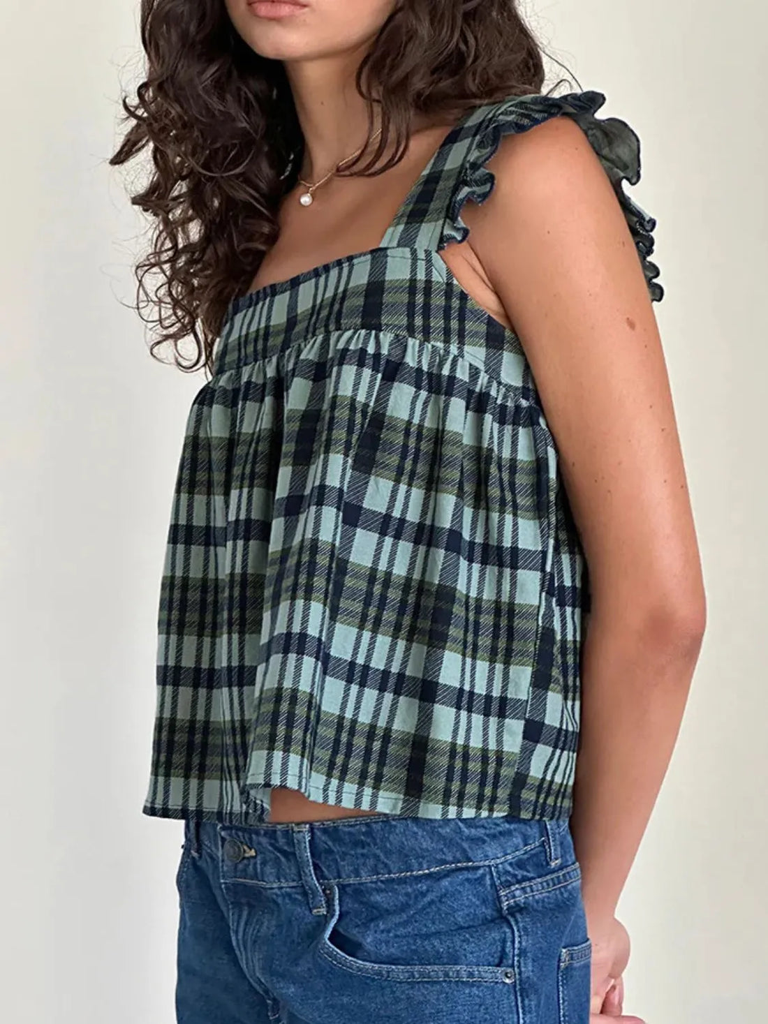 Ruffled Plaid Square Neck Tank - cas7m