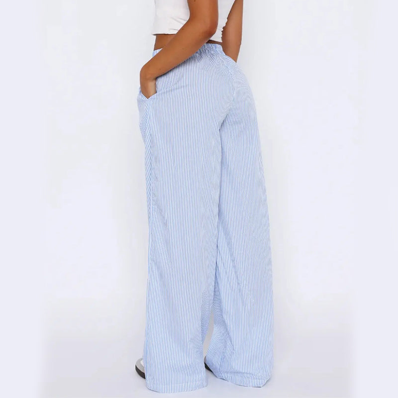 Striped Trousers With Pockets Ins Fashion Casual Wide Leg Straight Pants For Women Clothing - cas7m
