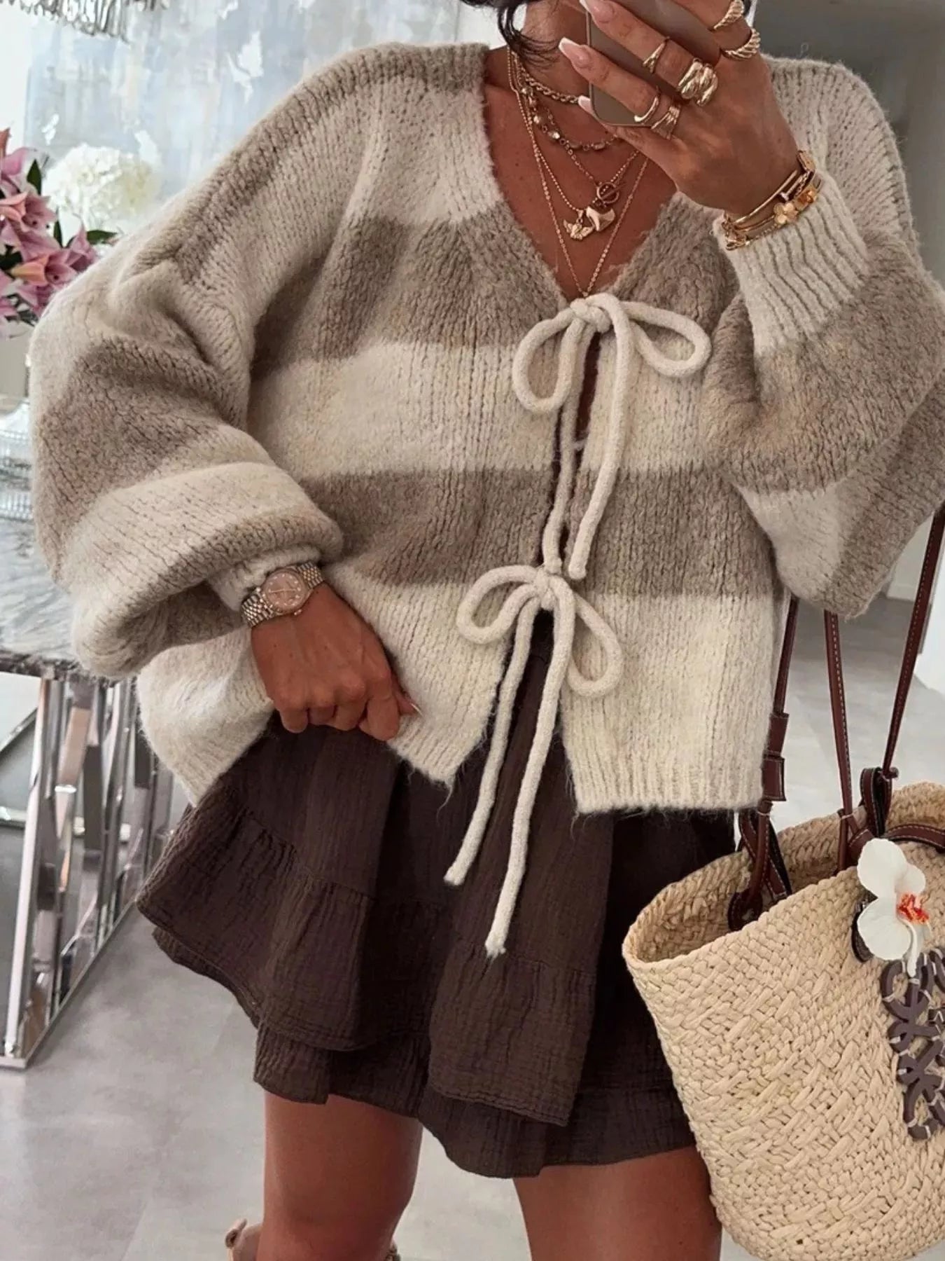 Striped Tie-Front Knit Cardigan - cas7m
