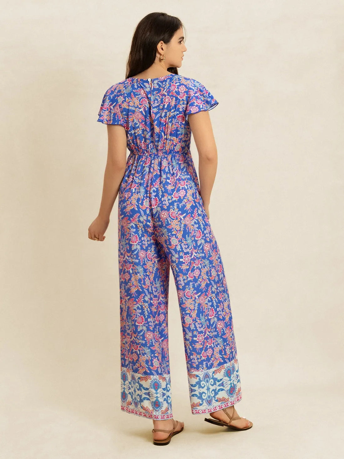 Printed V-Neck Wide Leg Jumpsuit - cas7m