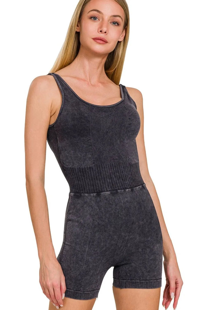 Zenana Washed Sports Romper With Removable Bra Pad - cas7m
