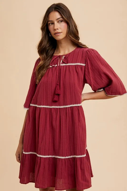 Annie Wear Tassel Contrast Trim Tie Neck Half Sleeve Tiered Dress - cas7m