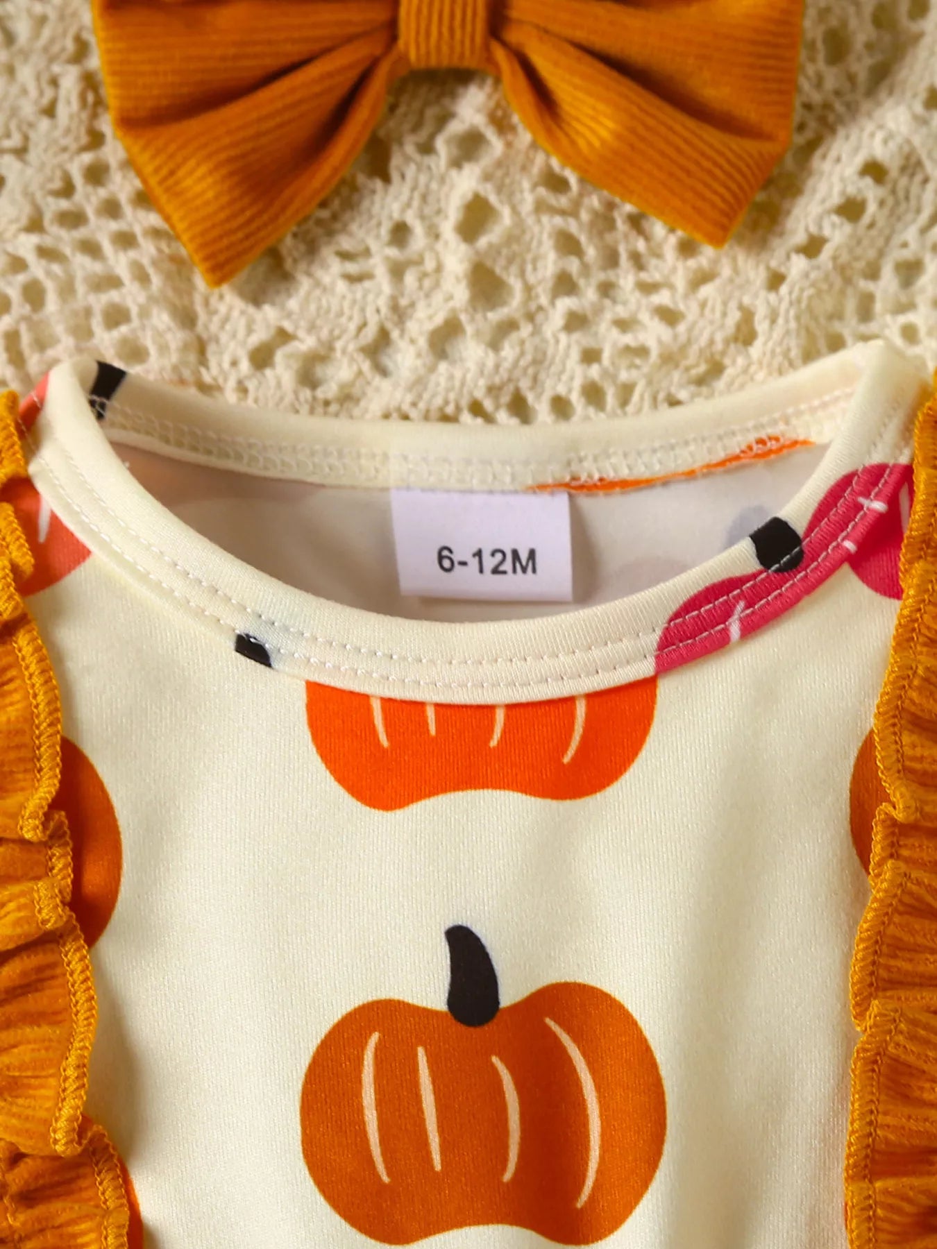 Children's Pumpkin Print Ruffle Dress with Bow Headband - cas7m